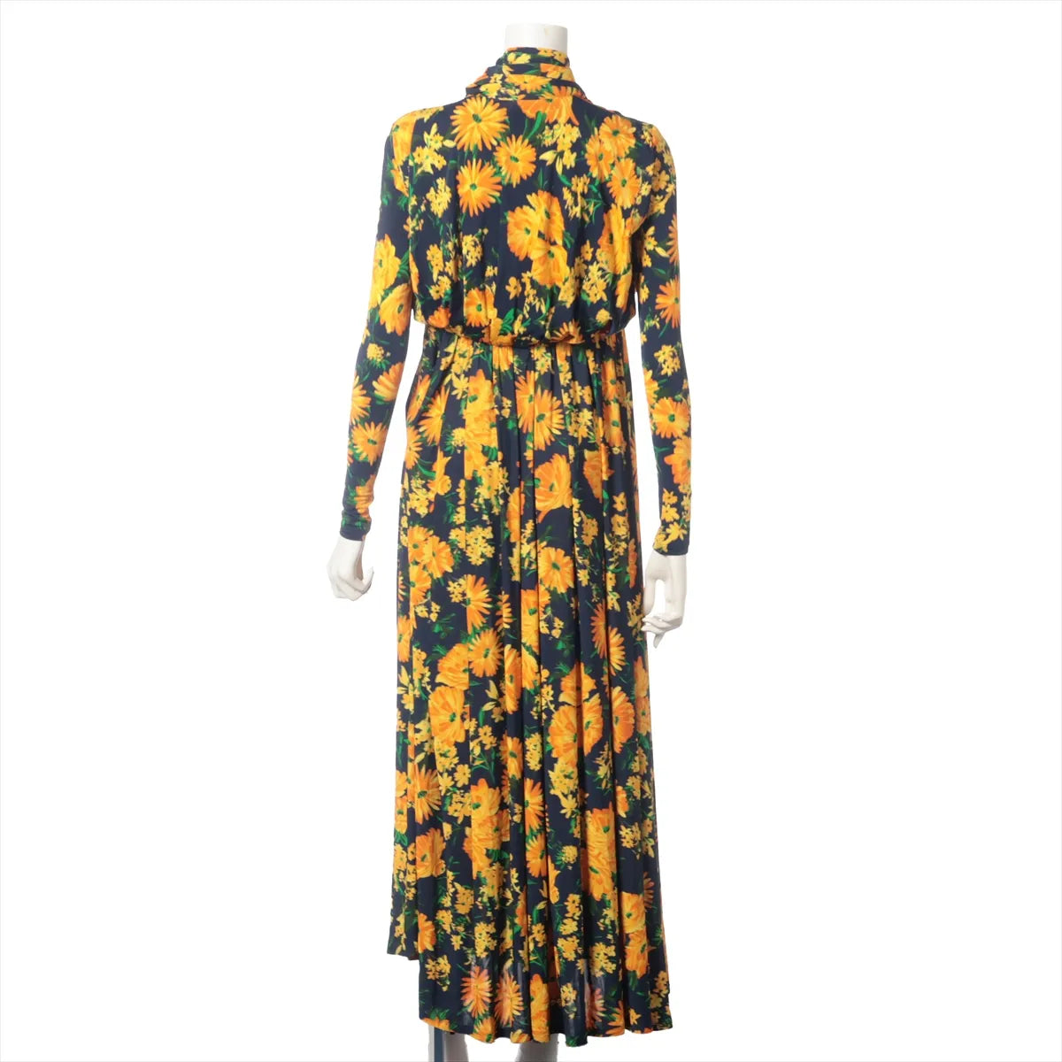 Balenciaga Yellow Floral Rayon Long Sleeve Maxi Dress Navy Blue