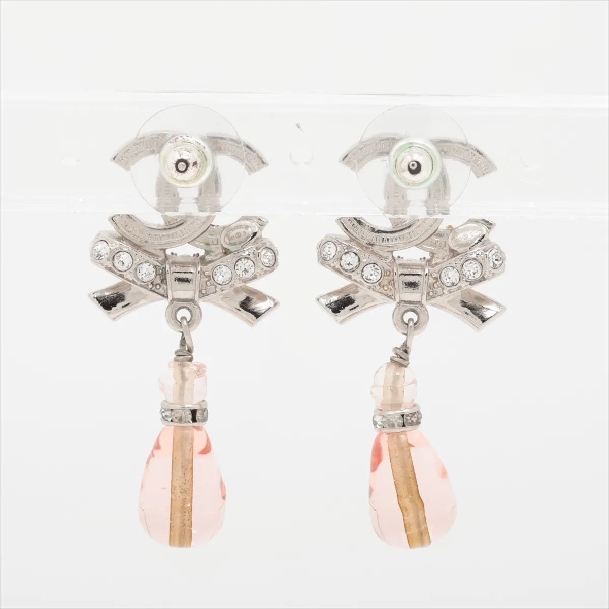 Chanel CC Logo Ribbon Rhinestone Stud Drop Earring