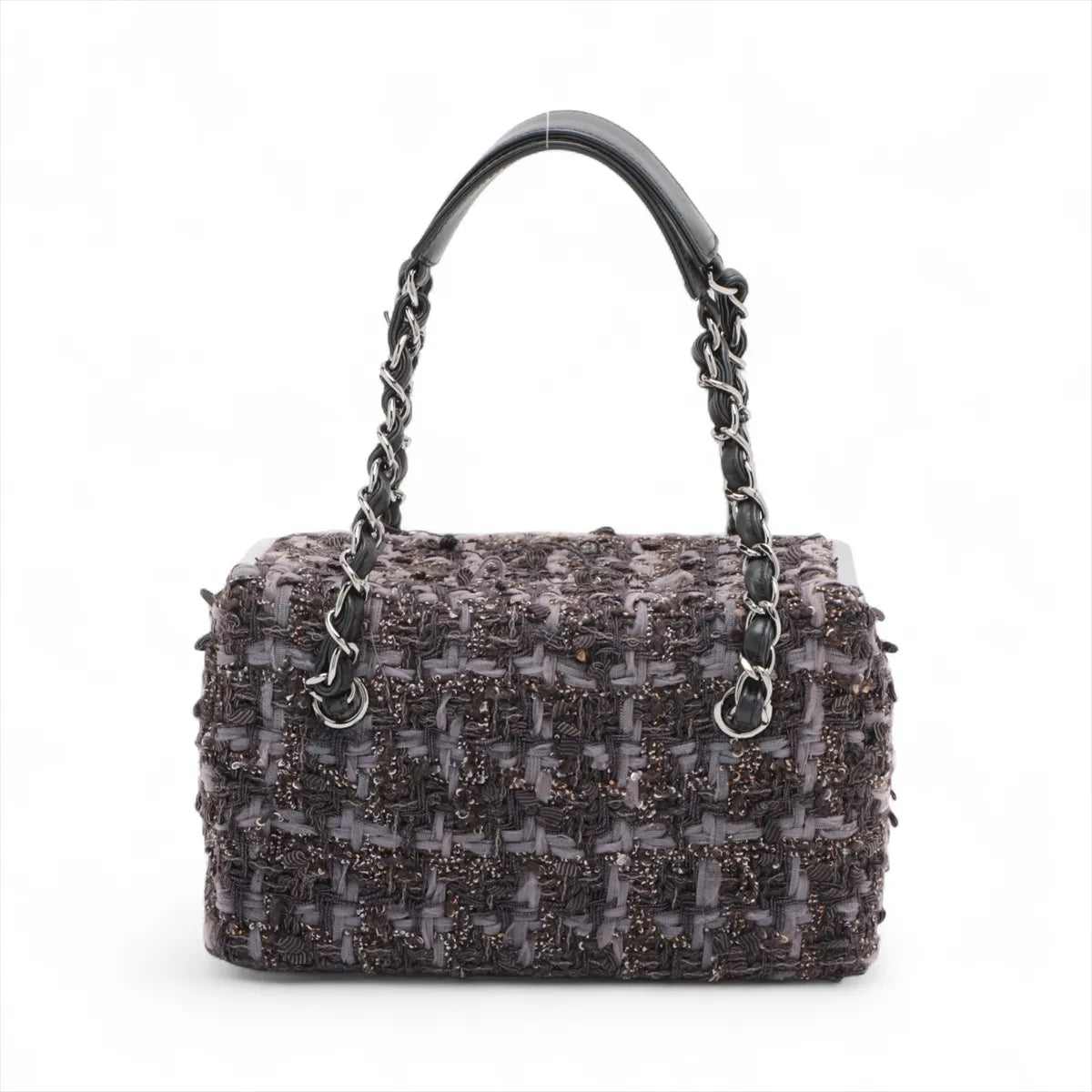 Chanel Paris New York Line Tweed Vanity Chain Handbag Gray X Black
