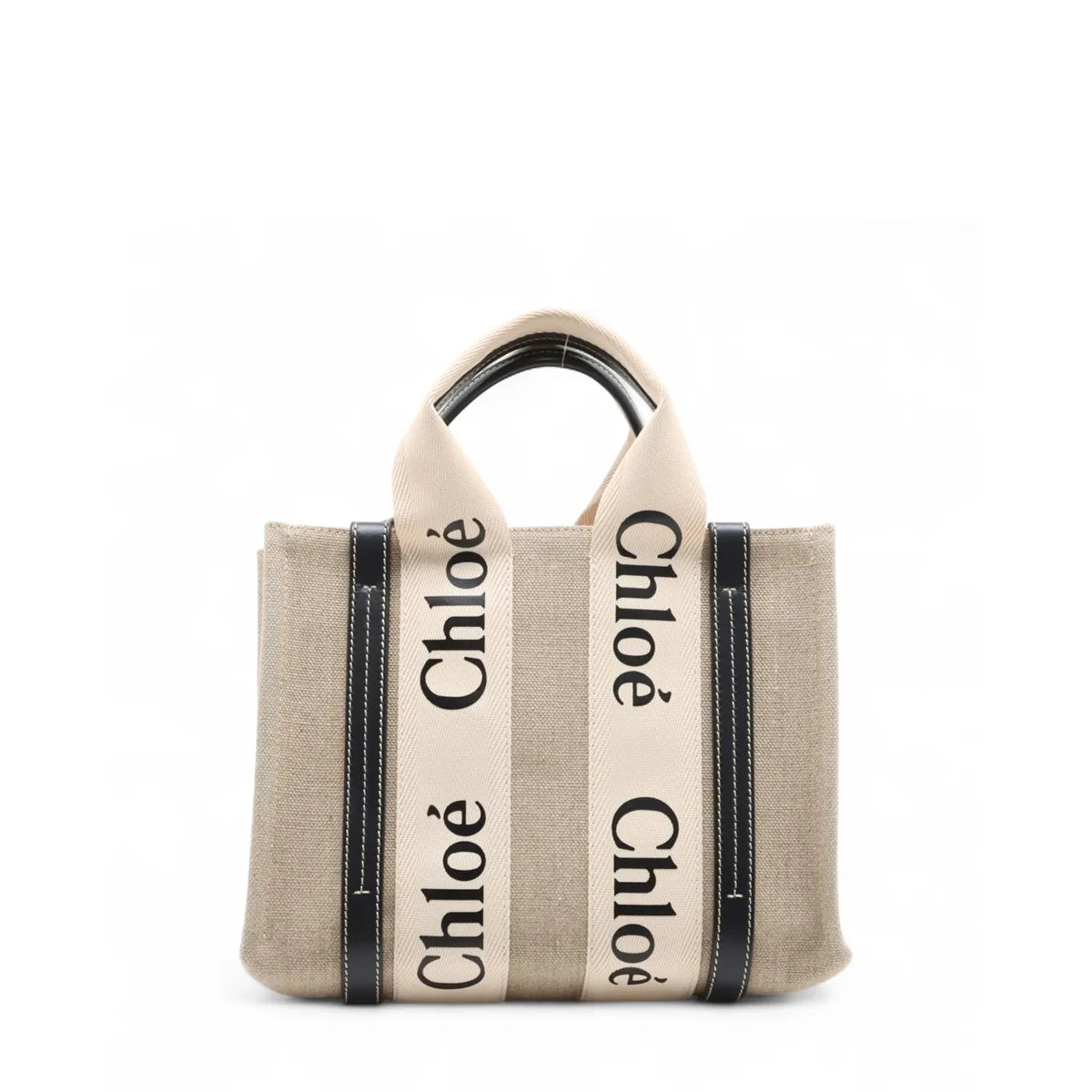 Chloe Woody Small Canvas Leather Two-Way Handbag Beige x Black