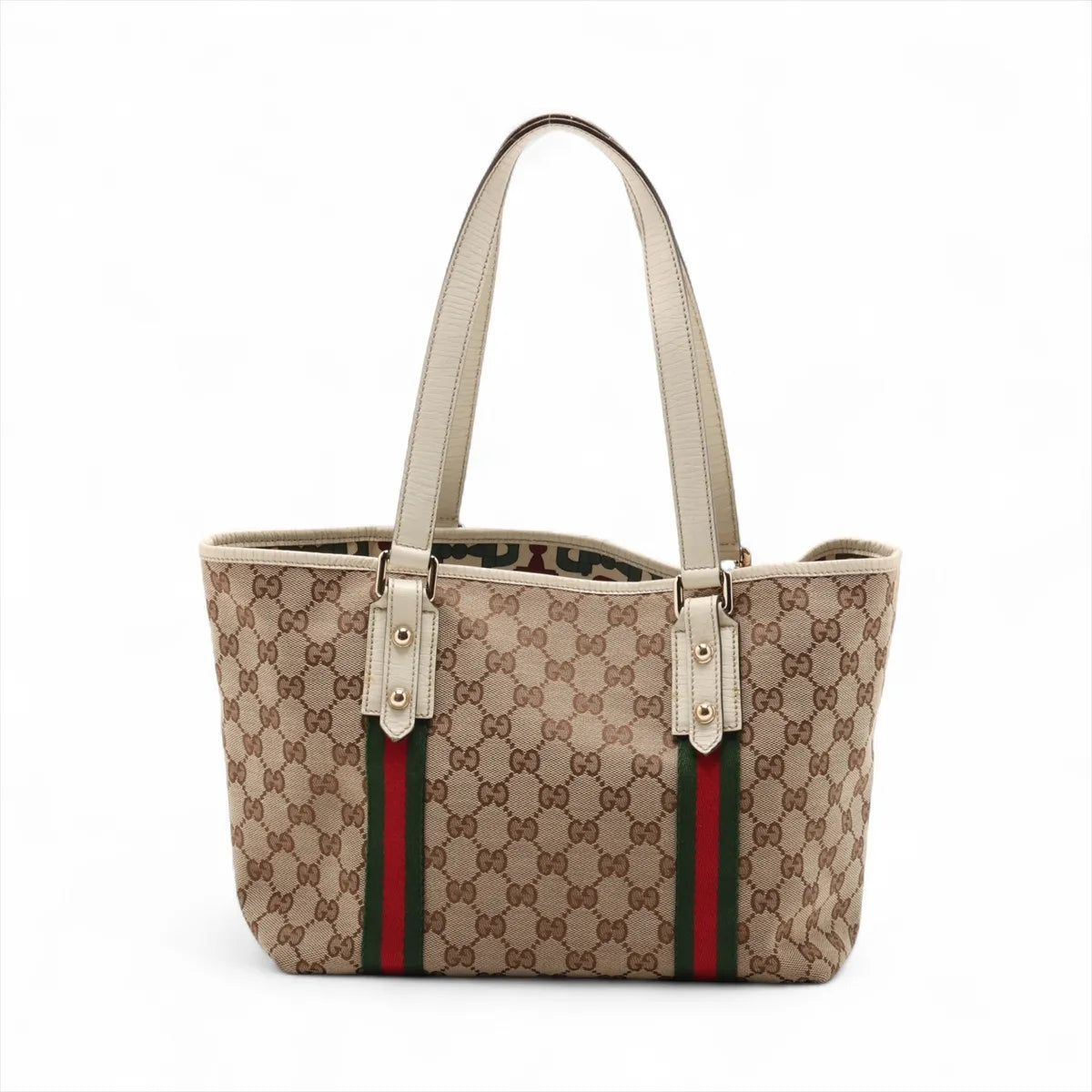 Gucci GG Logo Canvas Leather Tote Bag Beige x White