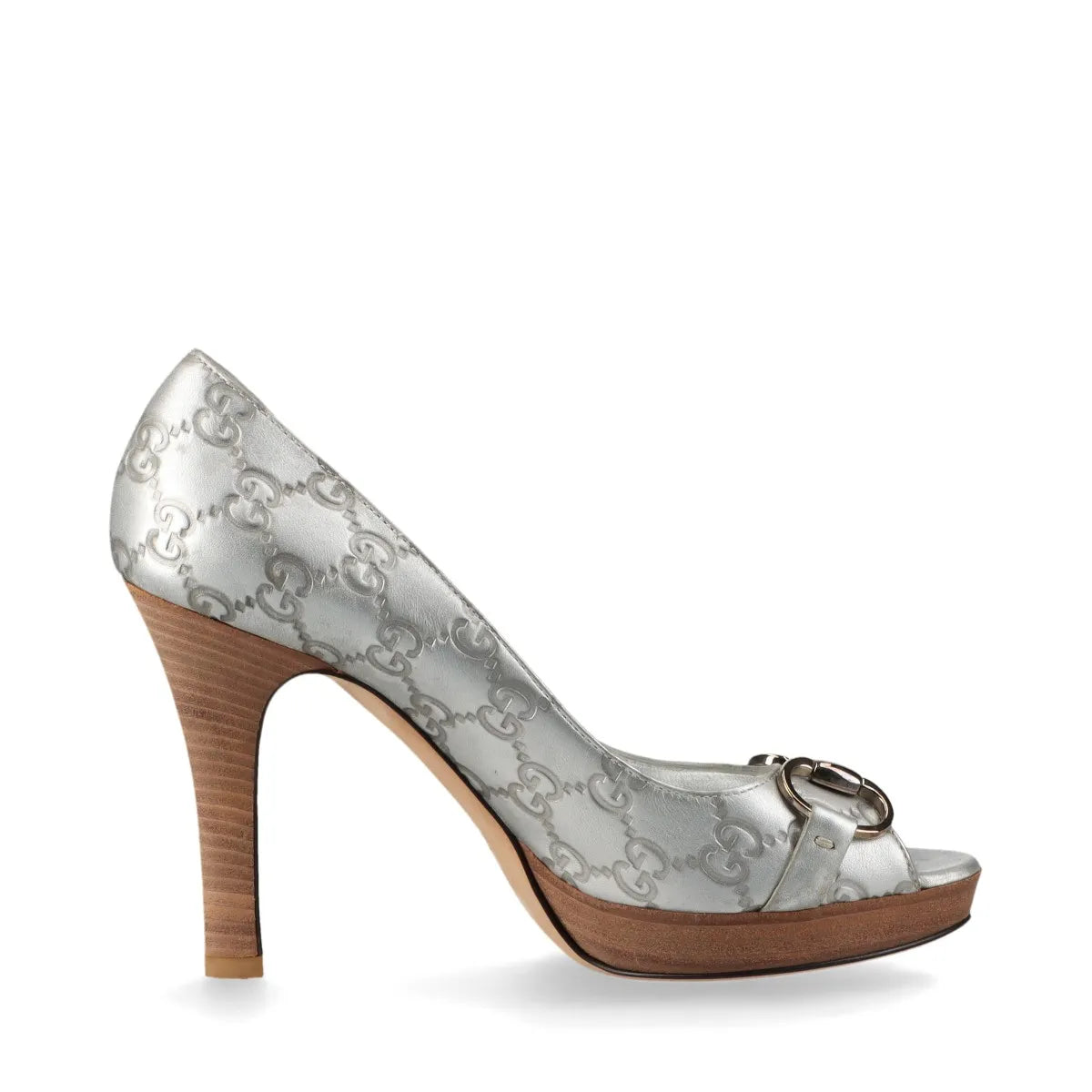 Gucci GG Logo Open-toe Pumps Silver