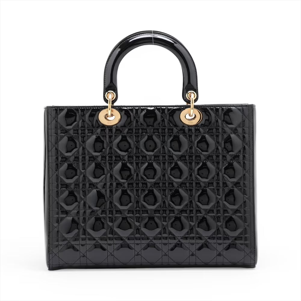 Christian Dior Cannage Lady Dior Large Patent Leather Two-Way Shoulder Bag Black