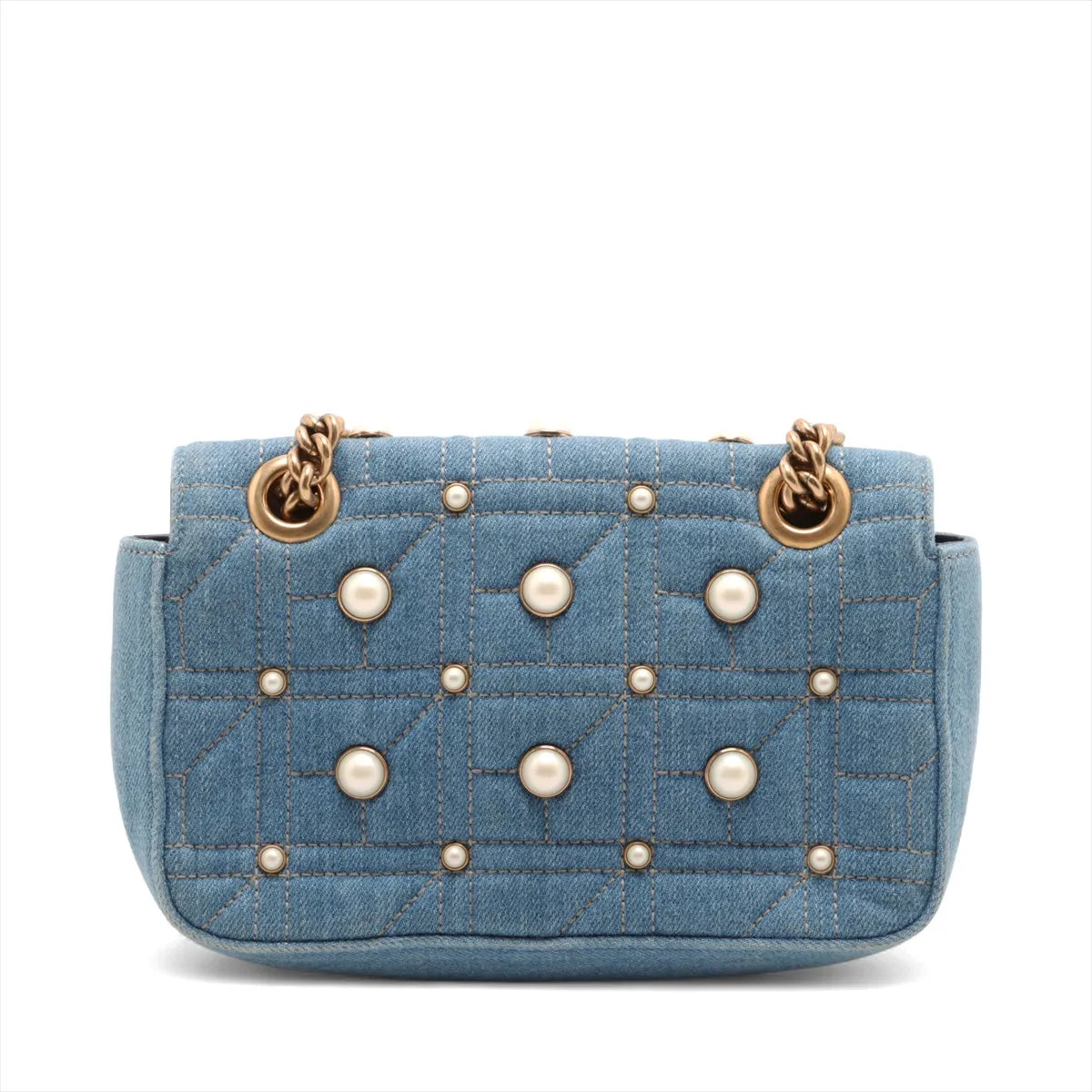 Gucci GG Marmont Pearl Stud Denim Chain Shoulder Bag Blue
