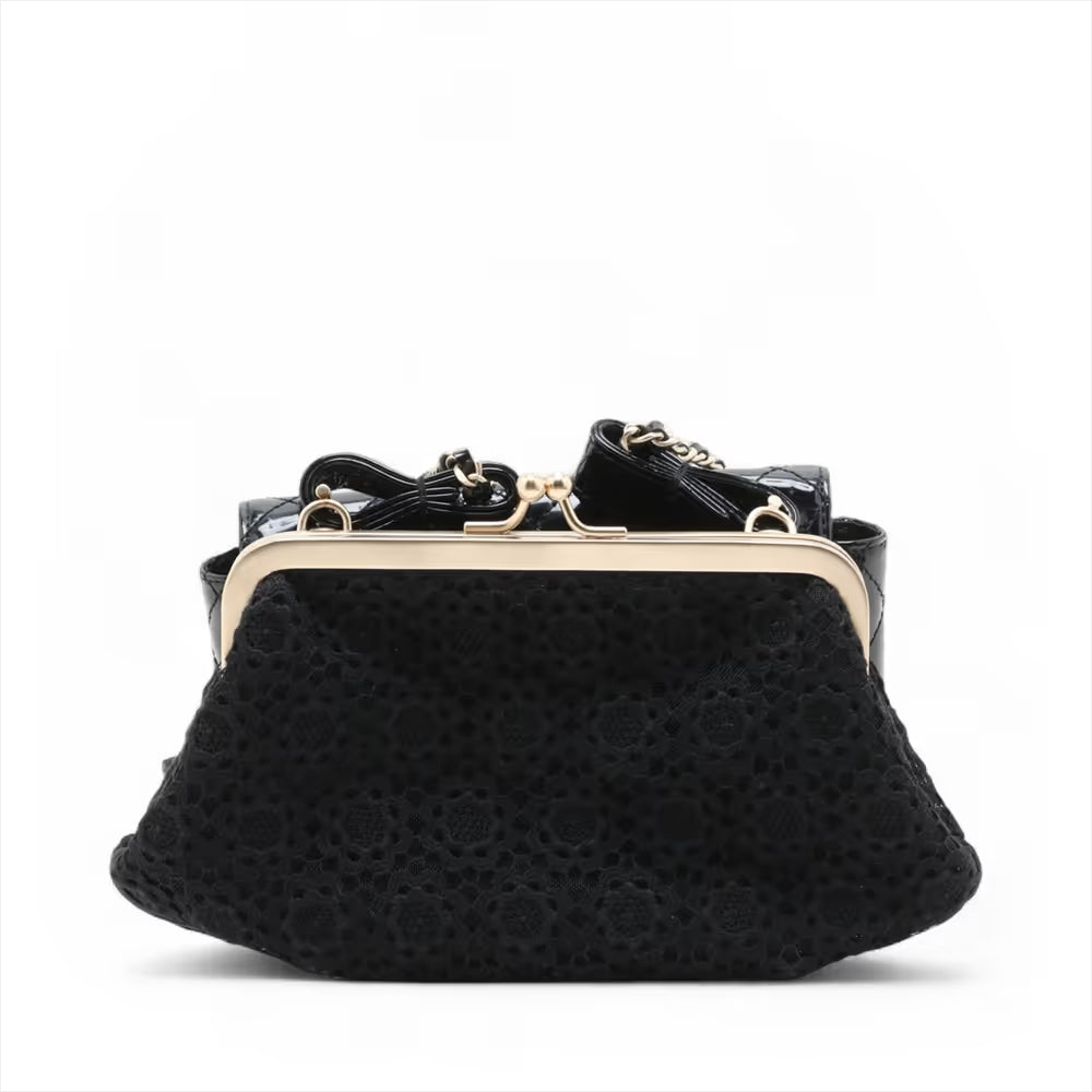 Chanel CC Logo Matelasse Patent Leather Cotton Chain Gamaguchi Shoulder Bag Black
