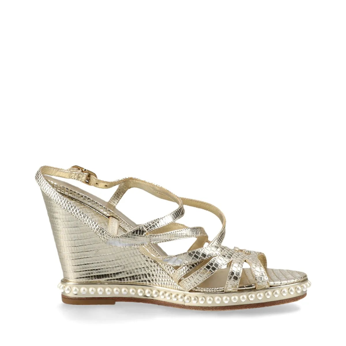 Chanel CC Logo Moc Lizard Wedge Sandal Gold