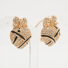 Load image into Gallery viewer, Dior Ribbon Heart Rhinestone Black Enamel Clip-on Earrings