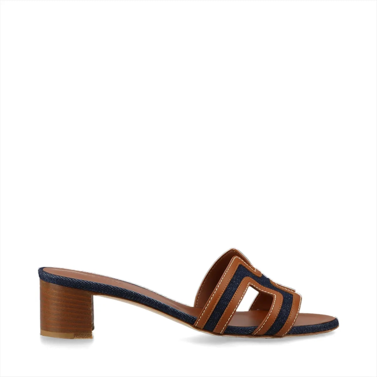 Hermes Oasis Denim & Leather Block Heel Sandals Brown x Denim