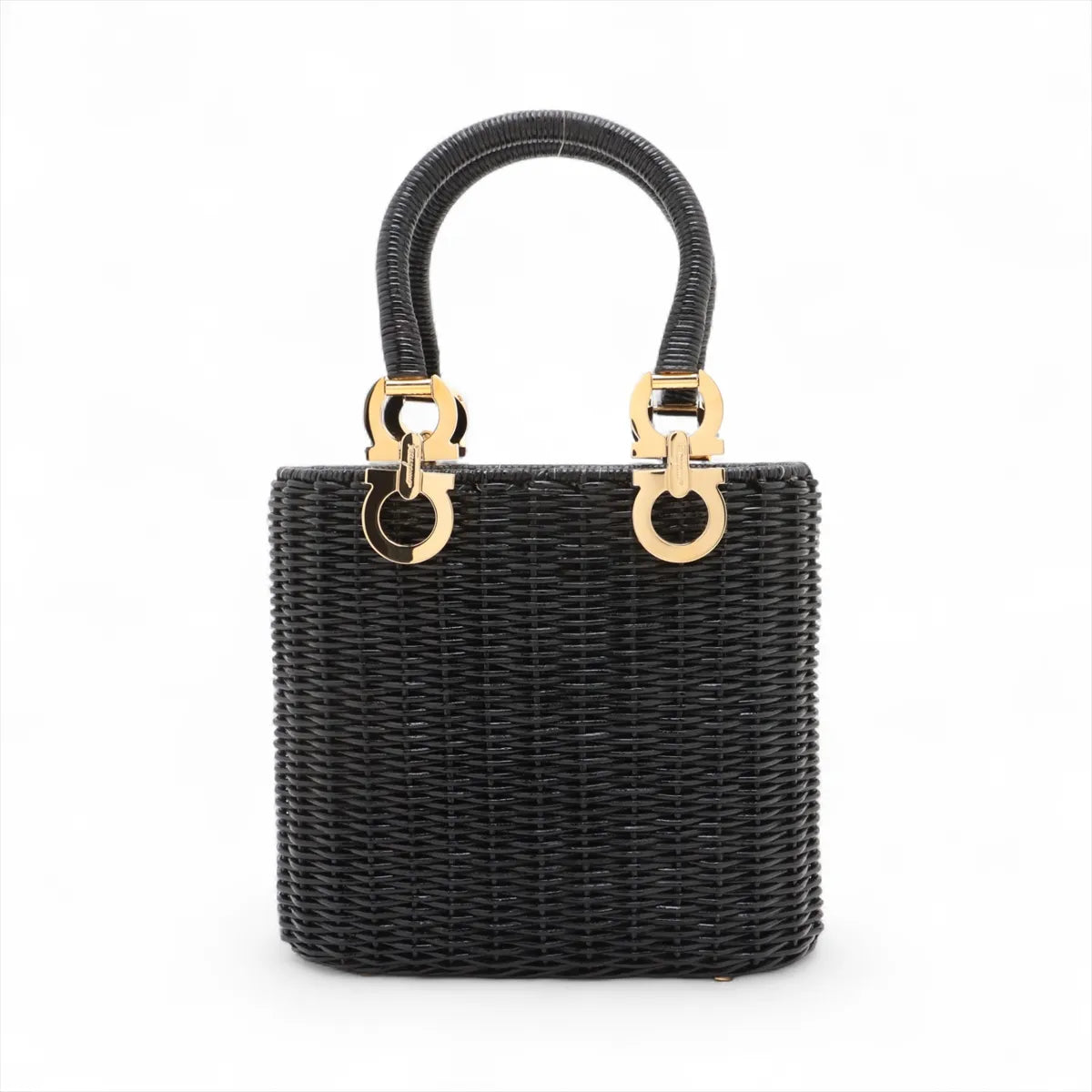 Ferragamo Gancini Rattan Straw Bag Black