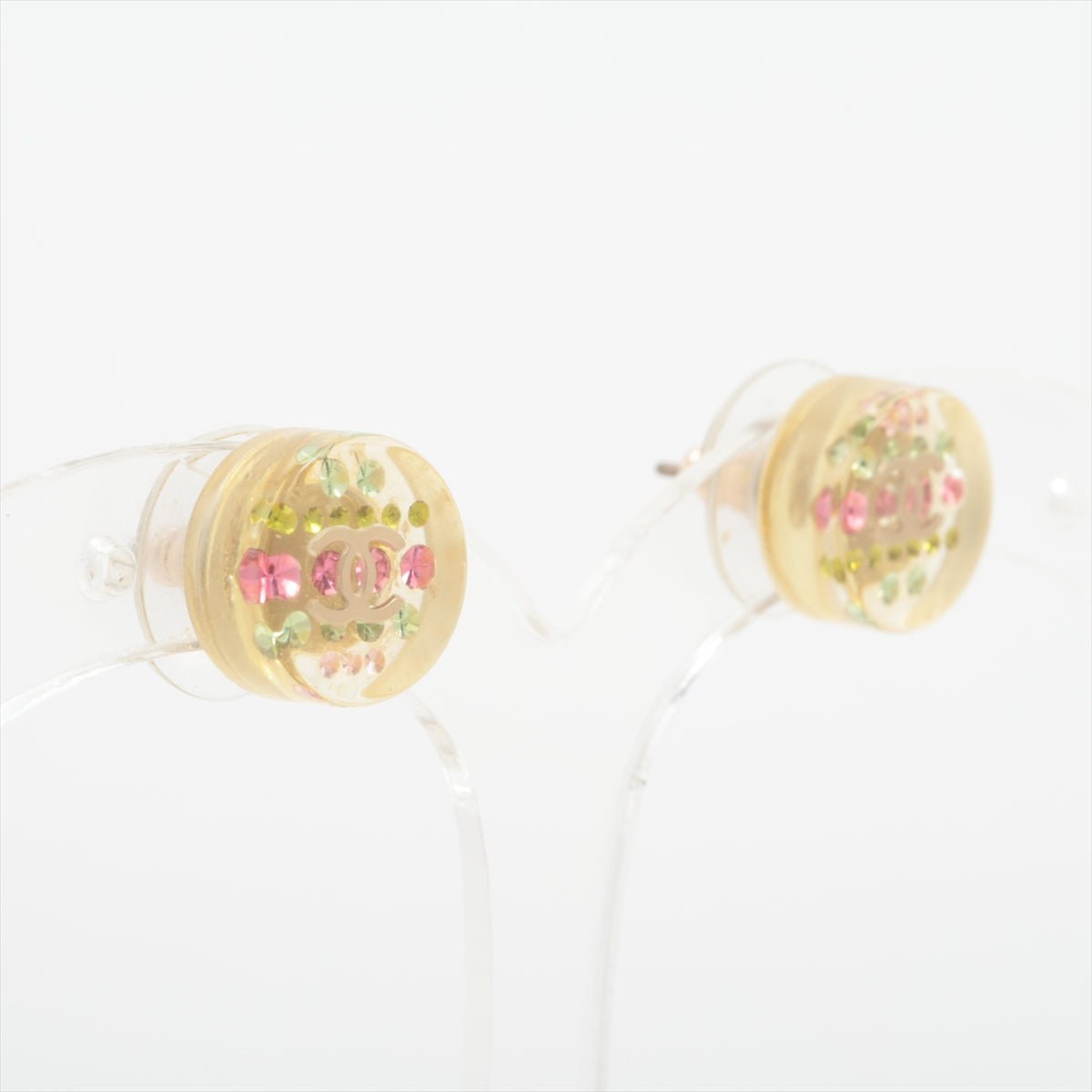 Chanel Round CC Logo  Transparent Floral Multicolor Enamel Stud Earring