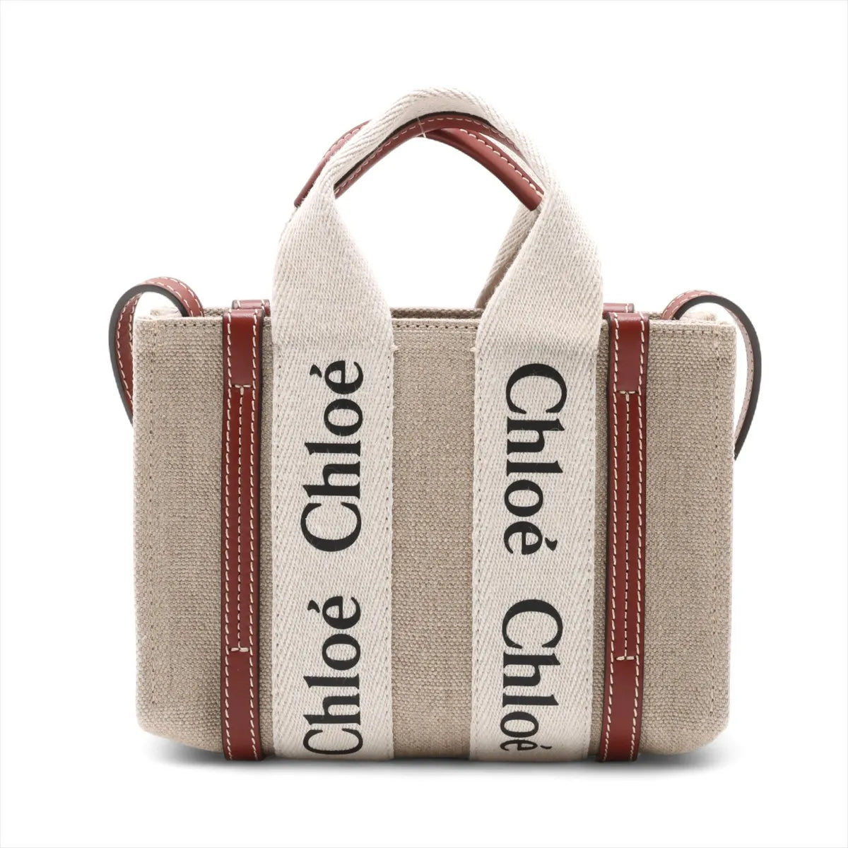 Chloe Woody Nano Canvas Leather Two-Way Handbag Beige×Brown