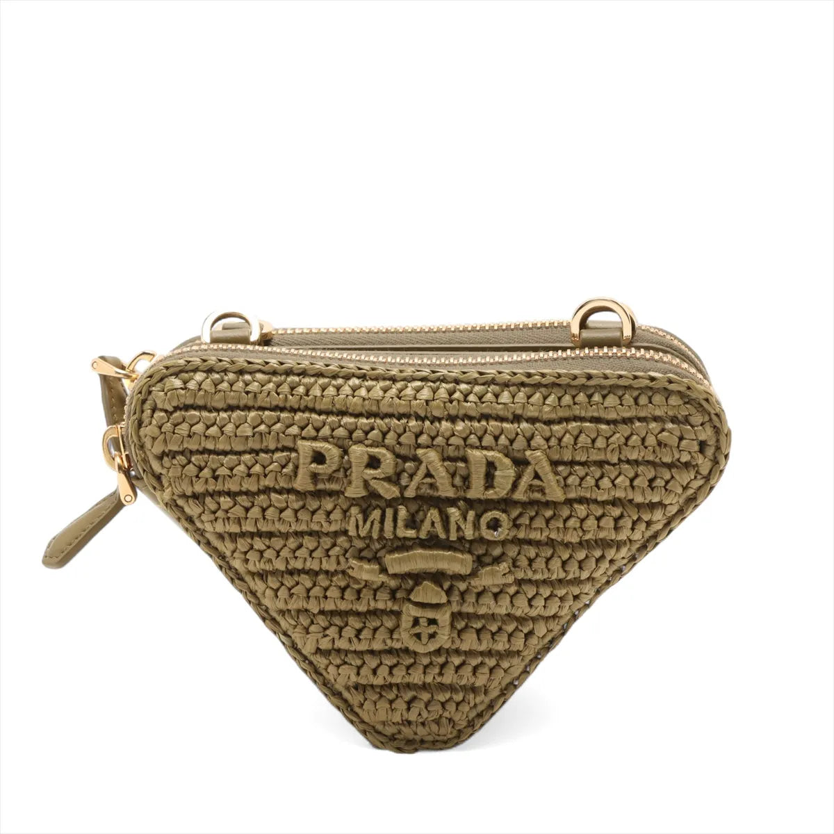 Prada Triangle Raffia x Leather Two-Way Shoulder Bag Khaki
