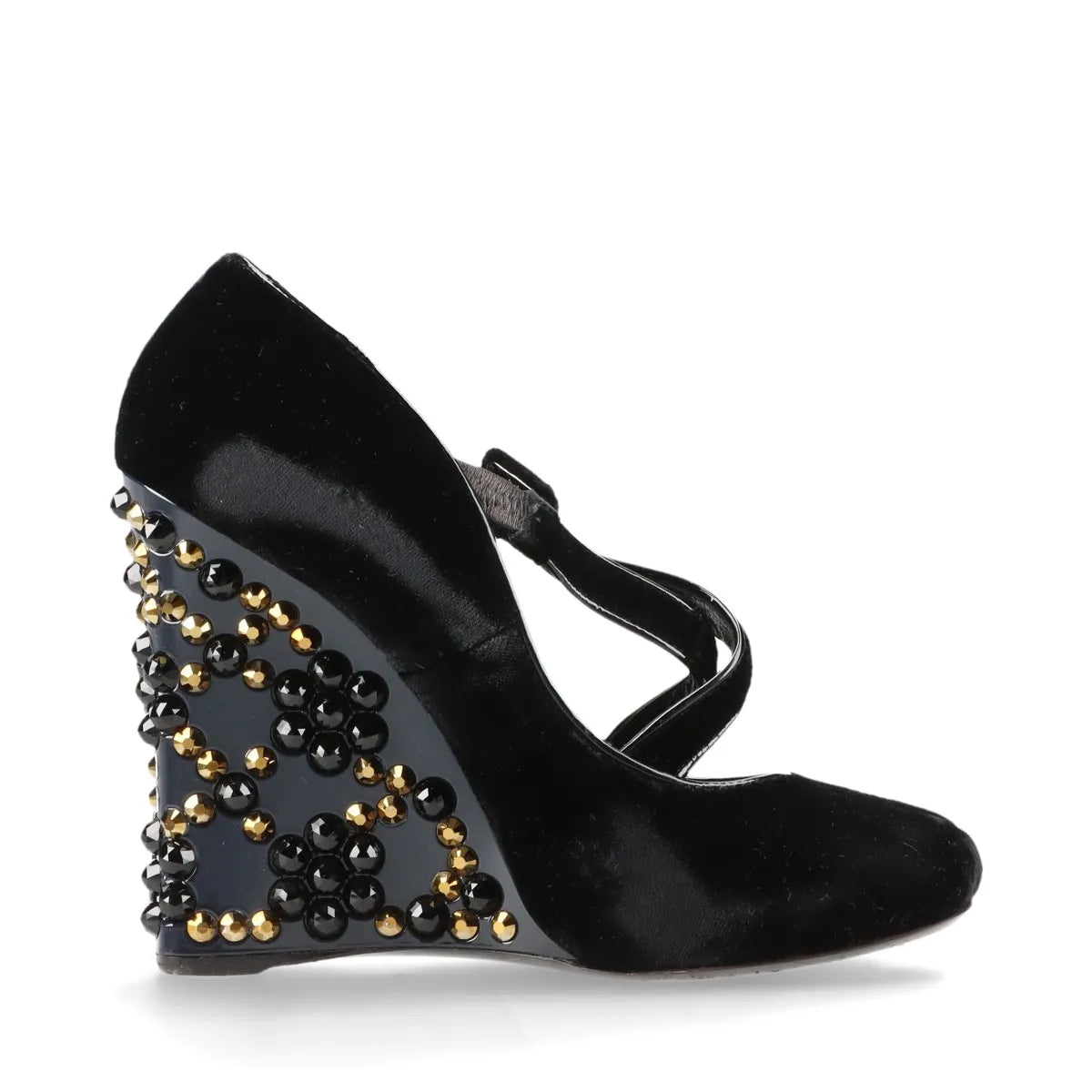 Louis Vuitton Veau Velours Strap Wedge Stud Pumps Black