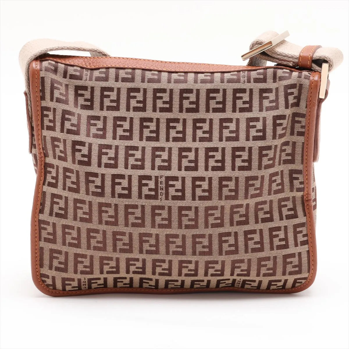 Fendi Zucchino Canvas Leather Shoulder Bag Beige×Brown