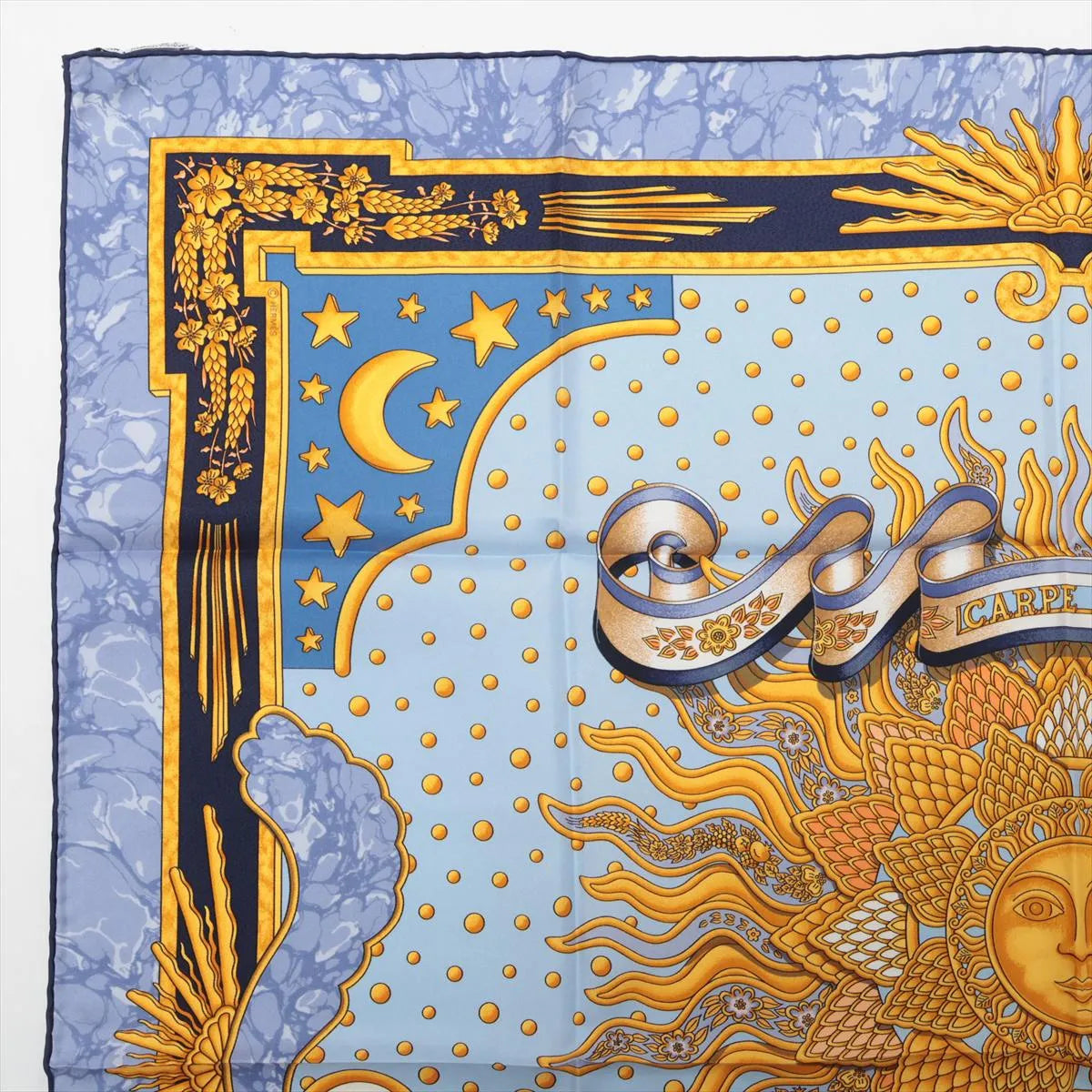 Hermes Carre 90 Carpe Diem Enjoy Today's Day Silk Scarf Yellow × Light Blue
