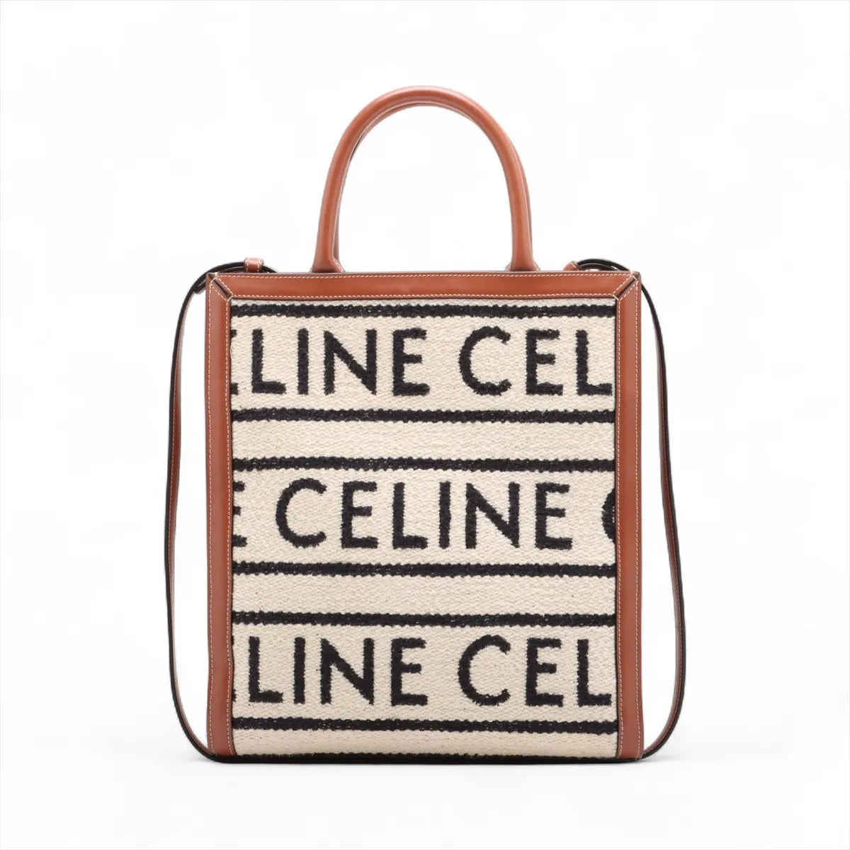 Celine Monogram Cloth Vertical Cabas Tote Shoulder Bag Beige x Brown