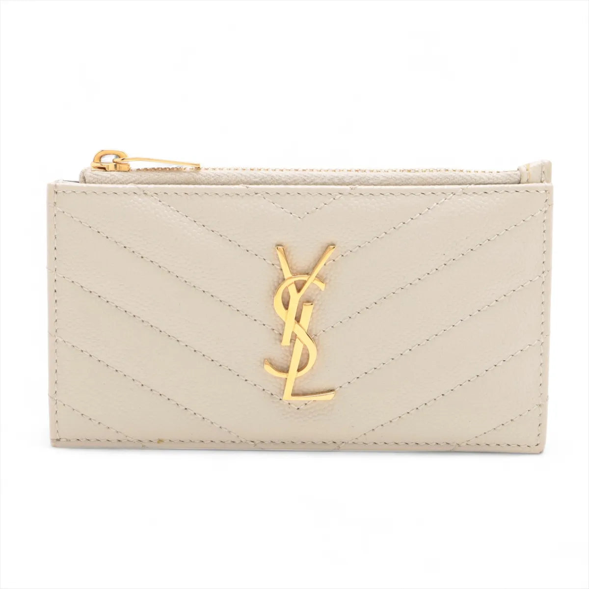 Saint Laurent Paris V Stitch Leather Coin Card White