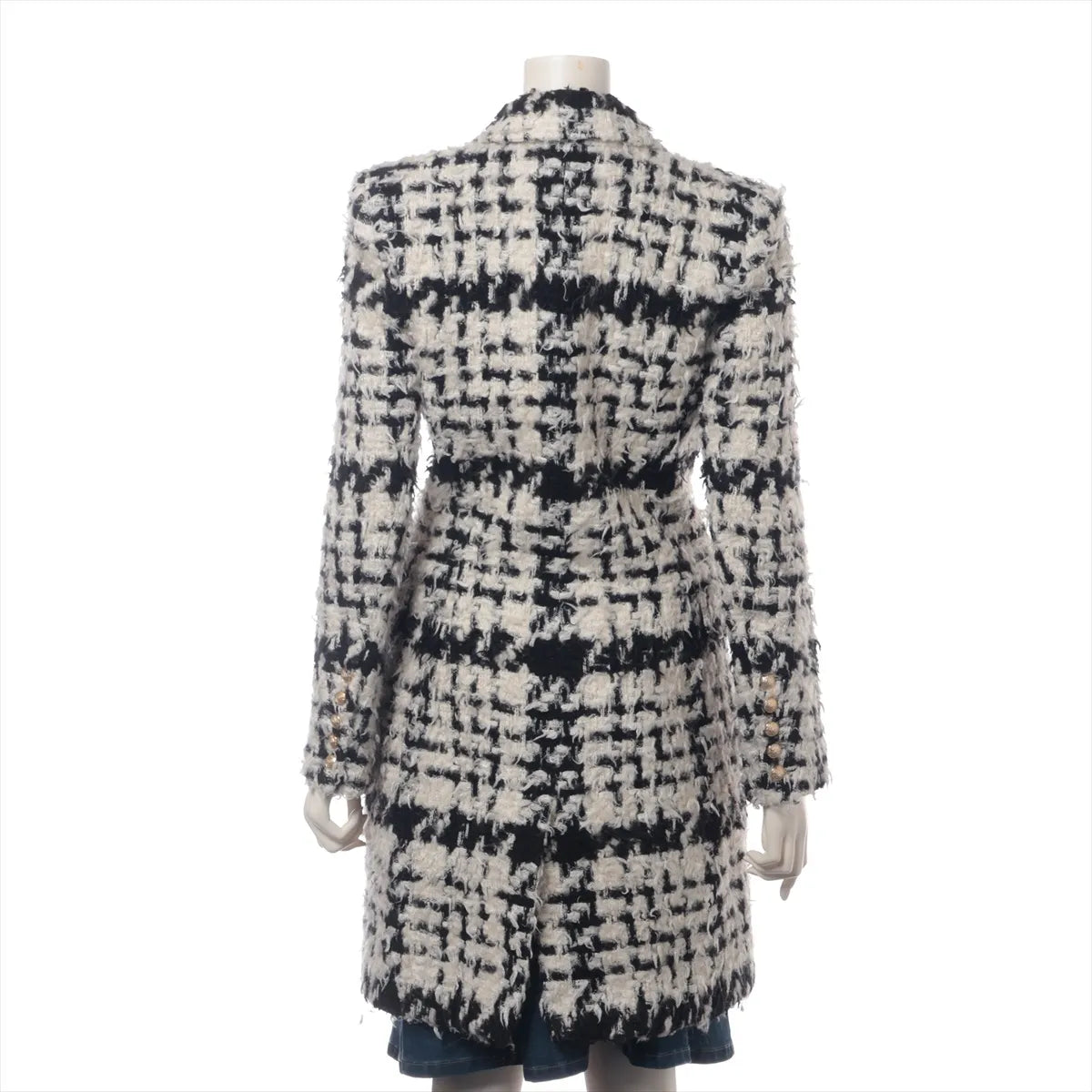 Balmain Tweed Wool Double Breasted Long Coat White x Black