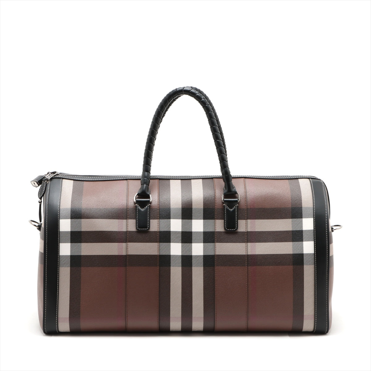 Burberry Check Leather Holdall Boston Bag Brown