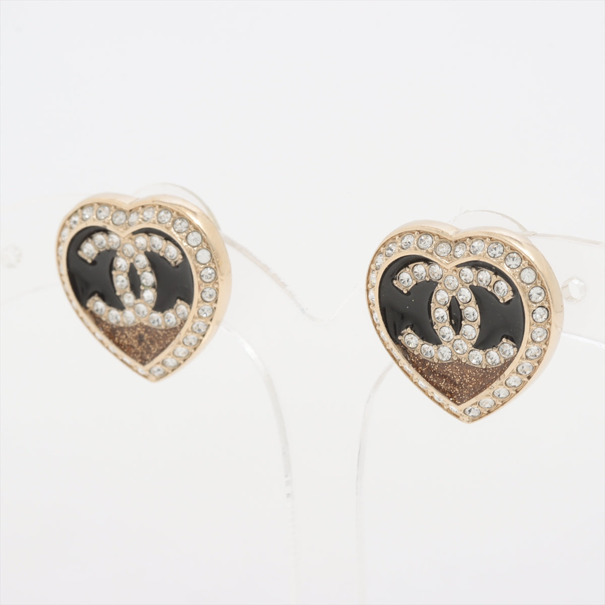 Chanel CC Logo Heart Rhinestone Black Enamel Stud Earring