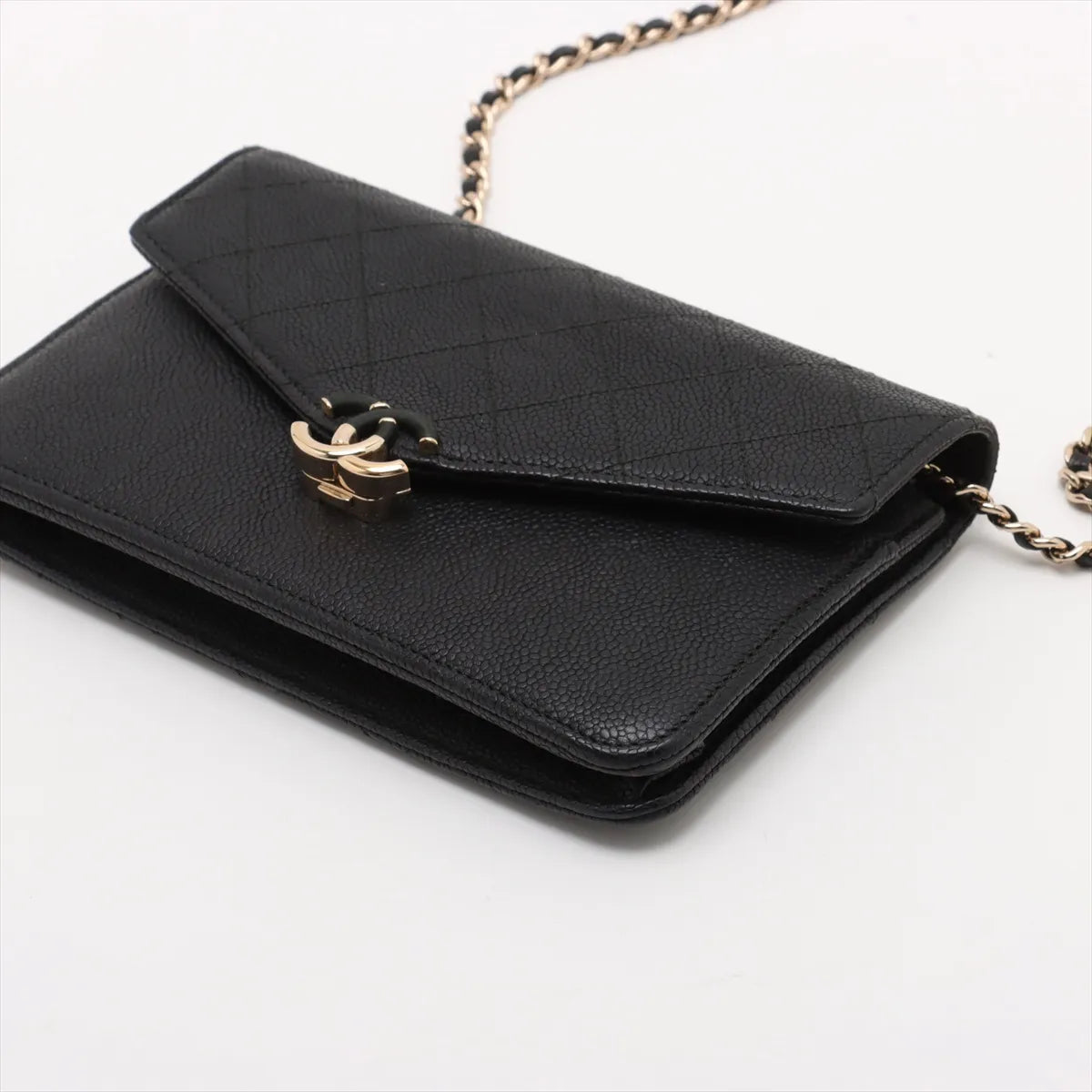 Chanel CC Logo Caviar Skin Chain Wallet Bag Black