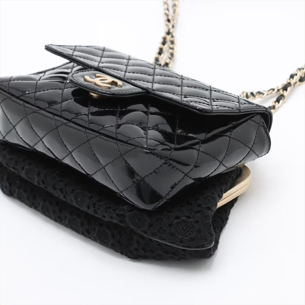 Chanel CC Logo Matelasse Patent Leather Cotton Chain Gamaguchi Shoulder Bag Black