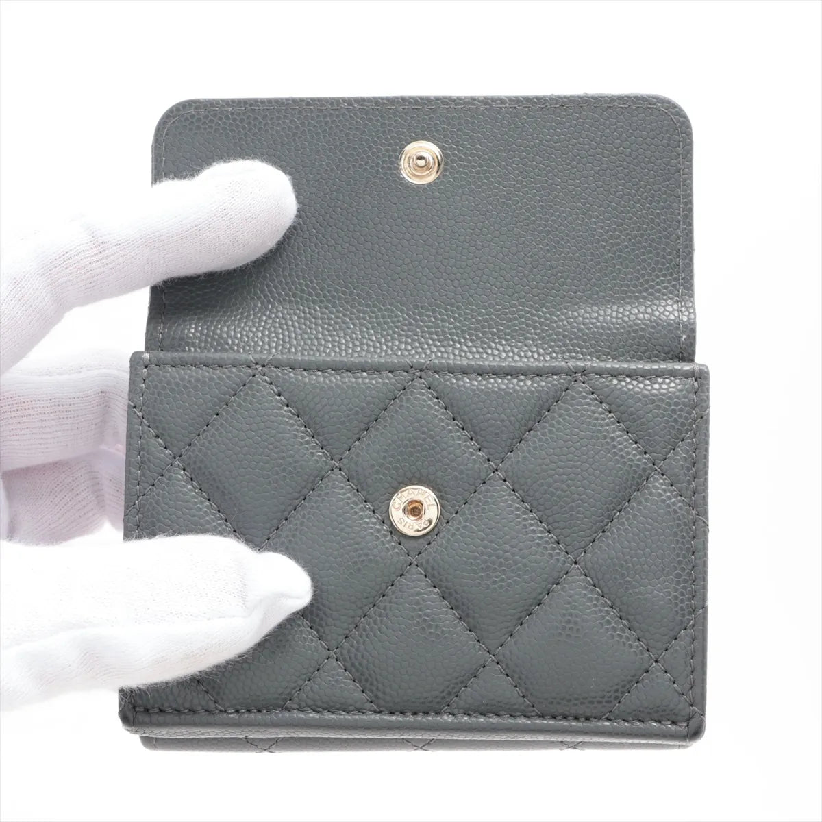 Chanel CC Logo Matelasse Caviar Skin Compact Wallet Gray