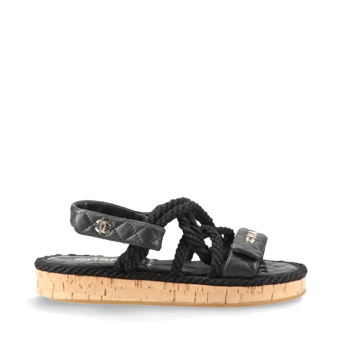 Chanel Logo Matelasse Leather Strap Sandal Black