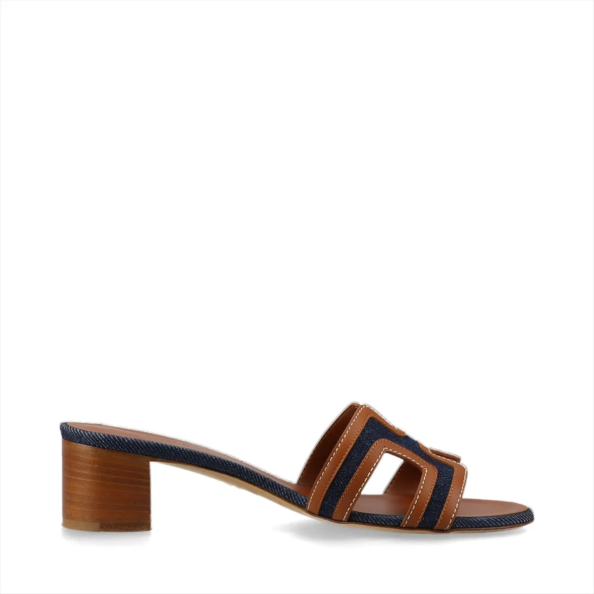 Hermes Oasis Denim & Leather Block Heel Sandals Brown x Denim