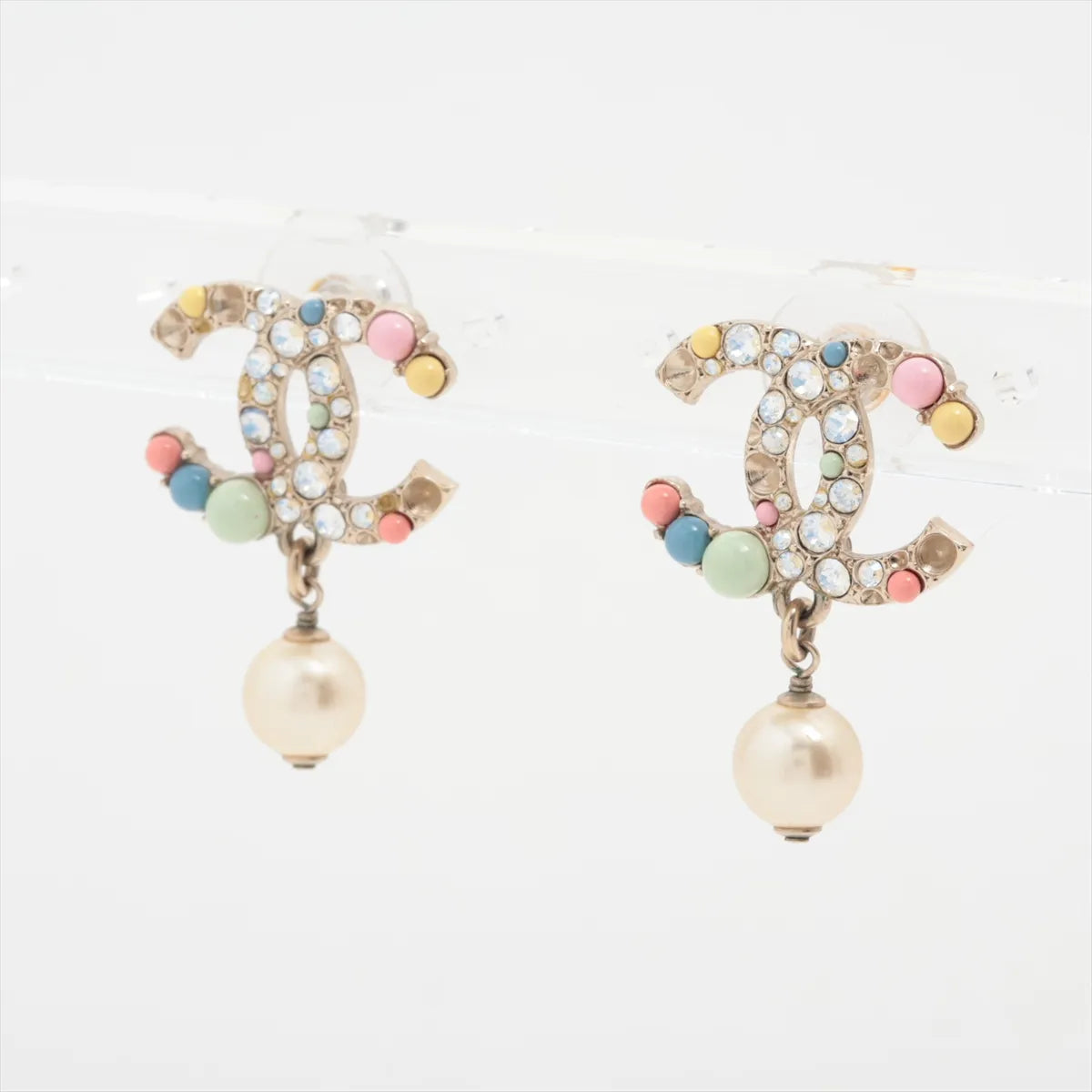 Chanel CC Logo Rhinestone x Pearl Stud Drop Earring Multicolor