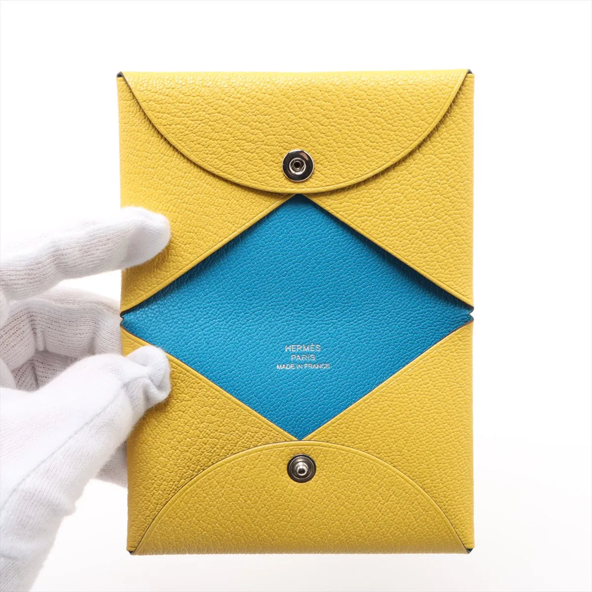 Hermès Calvi Verso Chèvre Mysore Card Case Cumin x Blue Zanzibar