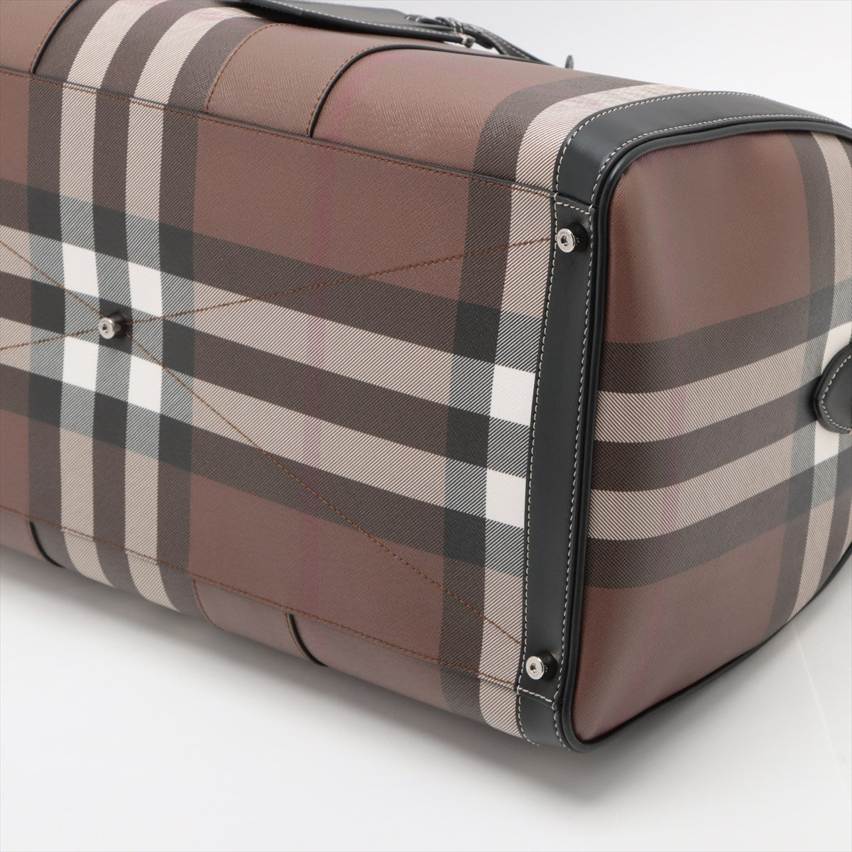 Burberry Check Leather Holdall Boston Bag Brown