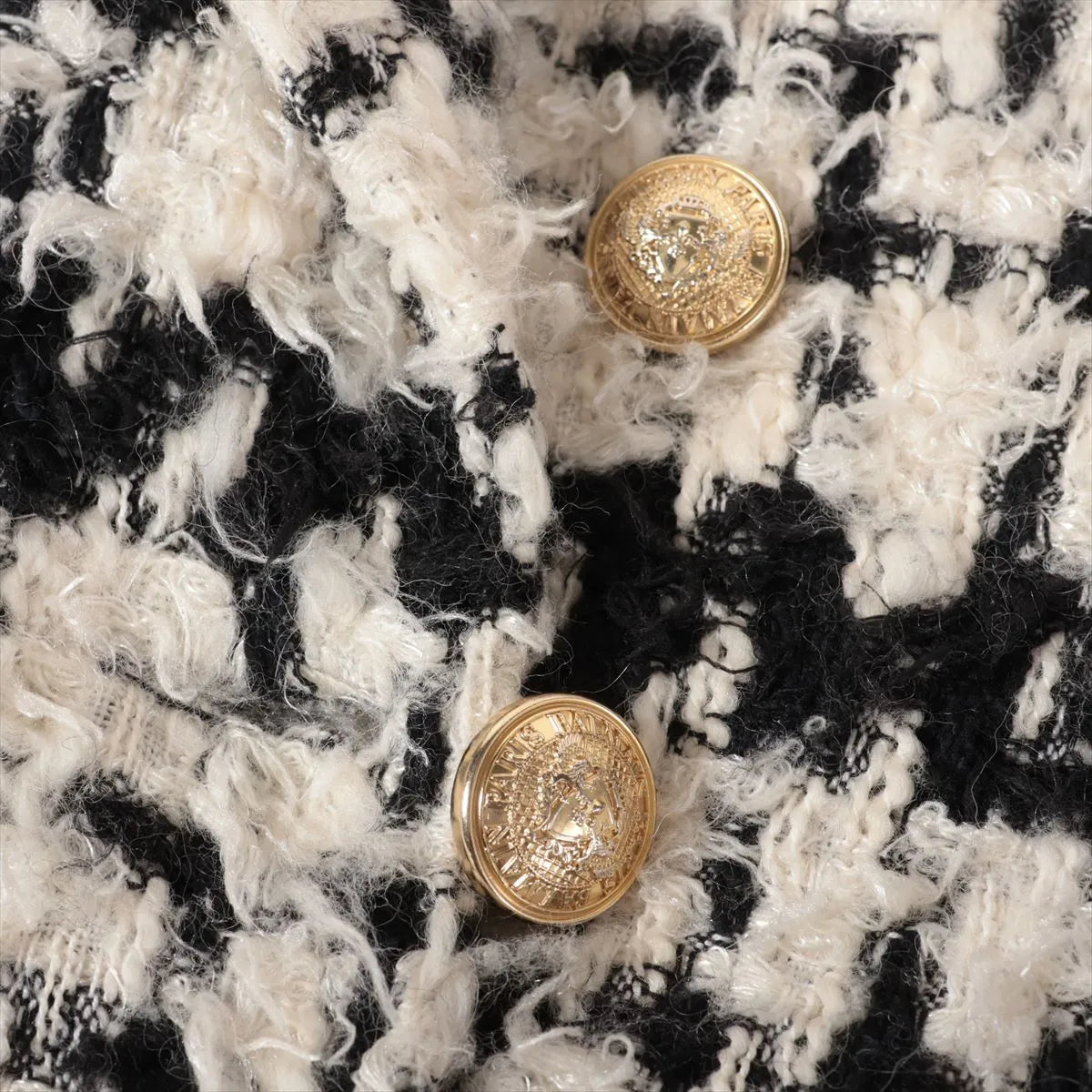 Balmain Tweed Wool Double Breasted Long Coat White x Black