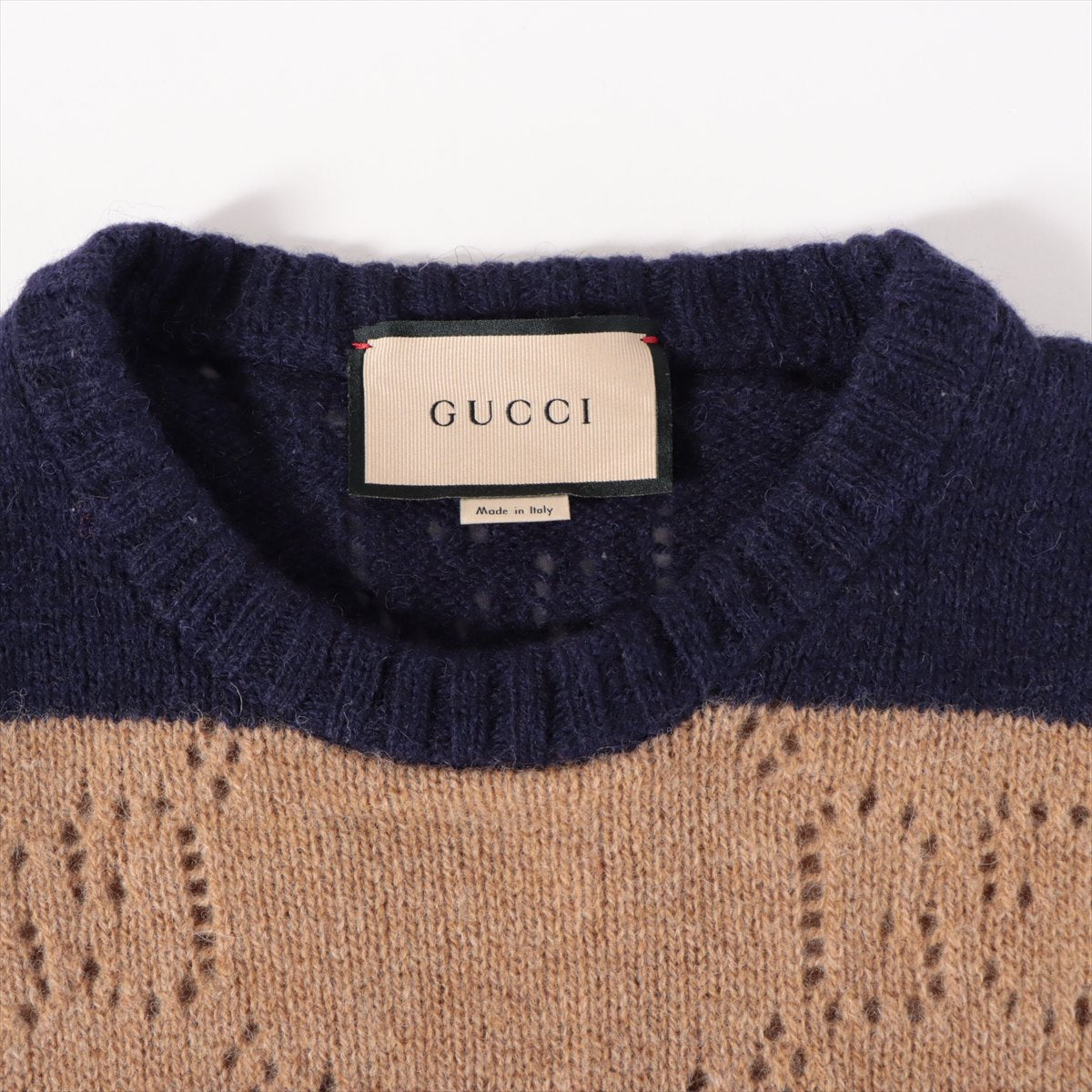 Gucci Perforated GG Pattern Stripe Knit Sweatshirt Brown x Navy Blue