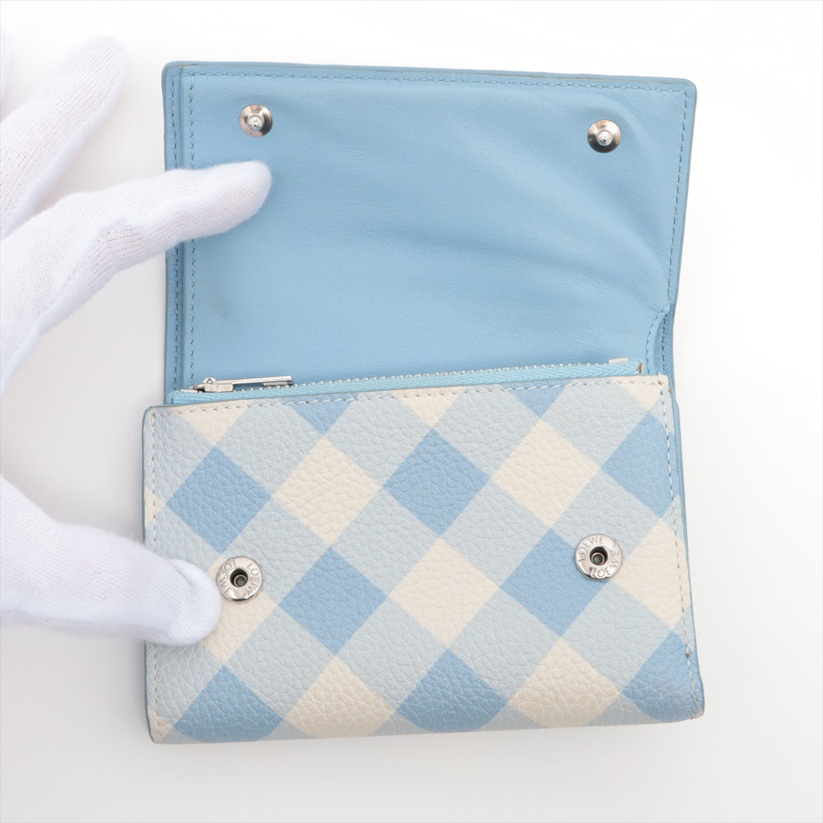 Loewe Anagram Leather Checkered Blue Trifold Wallet