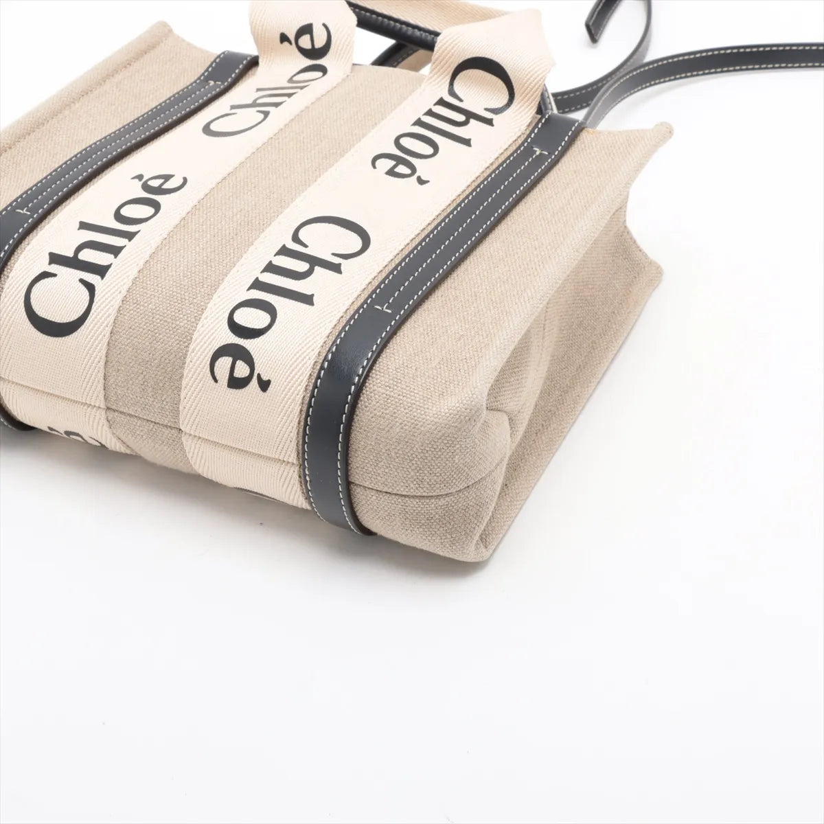 Chloe Woody Small Canvas Leather Two-Way Handbag Beige x Black