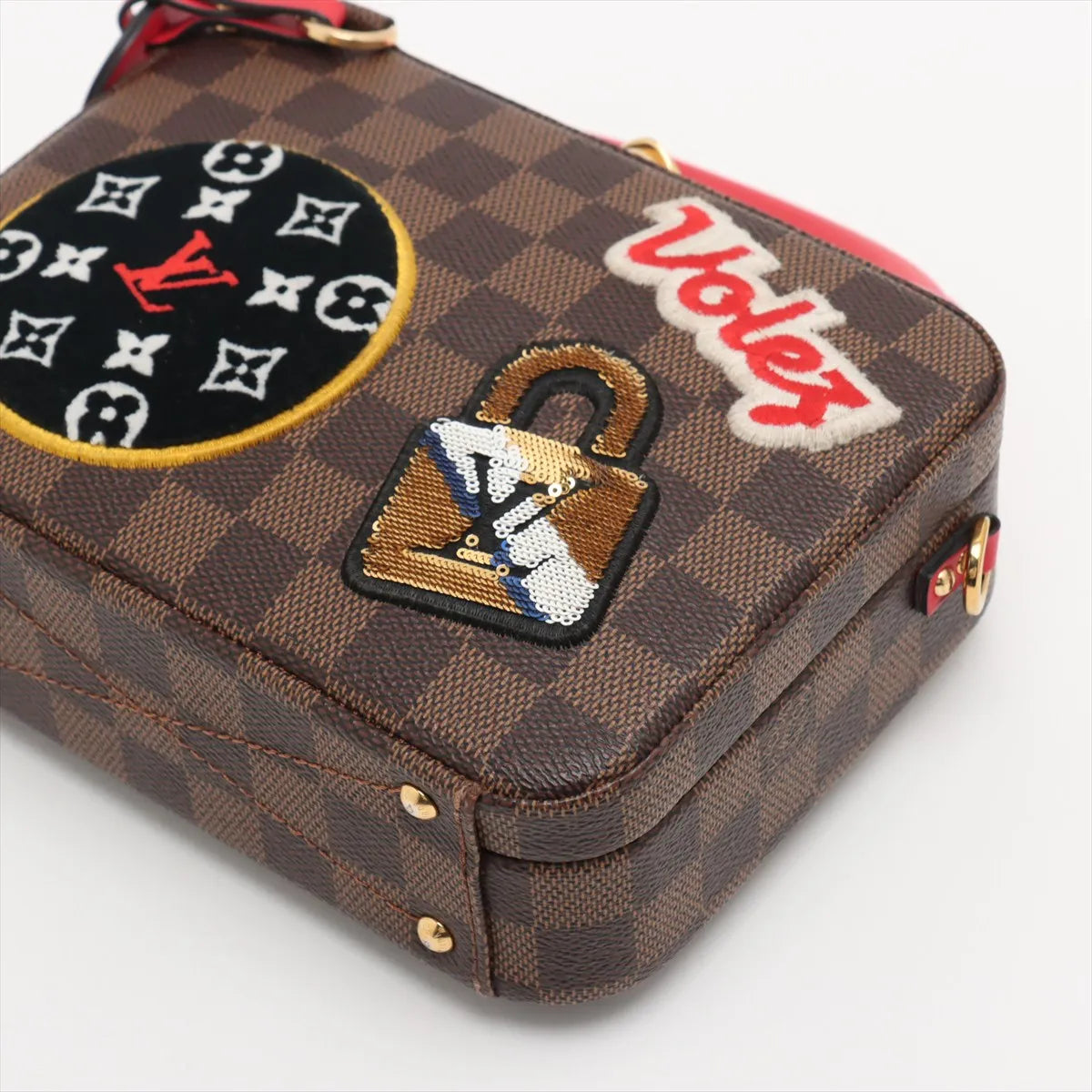 Louis Vuitton Damier Ebene LV Stories Box Patches Bag Brown x Red