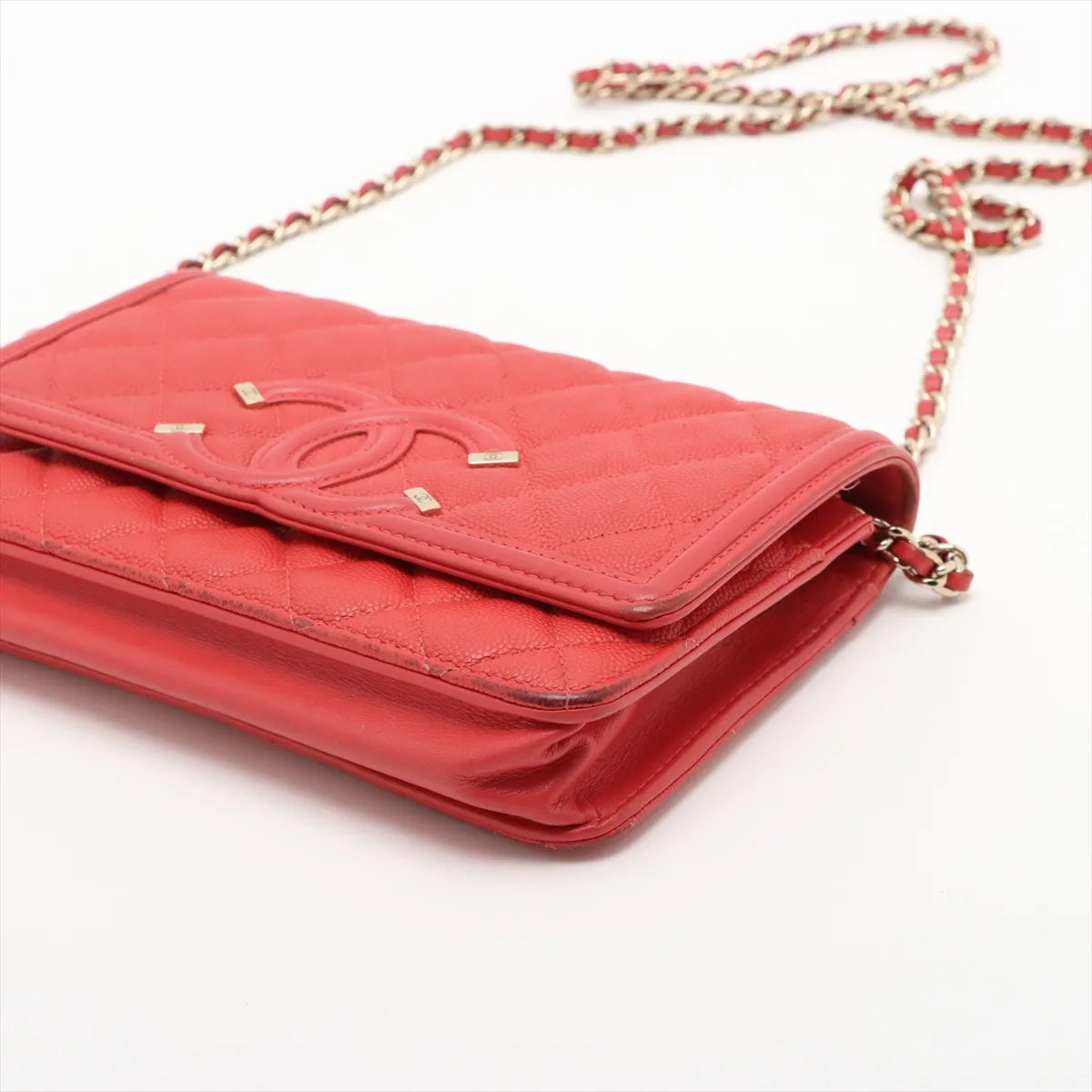 Chanel CC Logo Filigree Caviar Skin Chain Wallet Bag Red