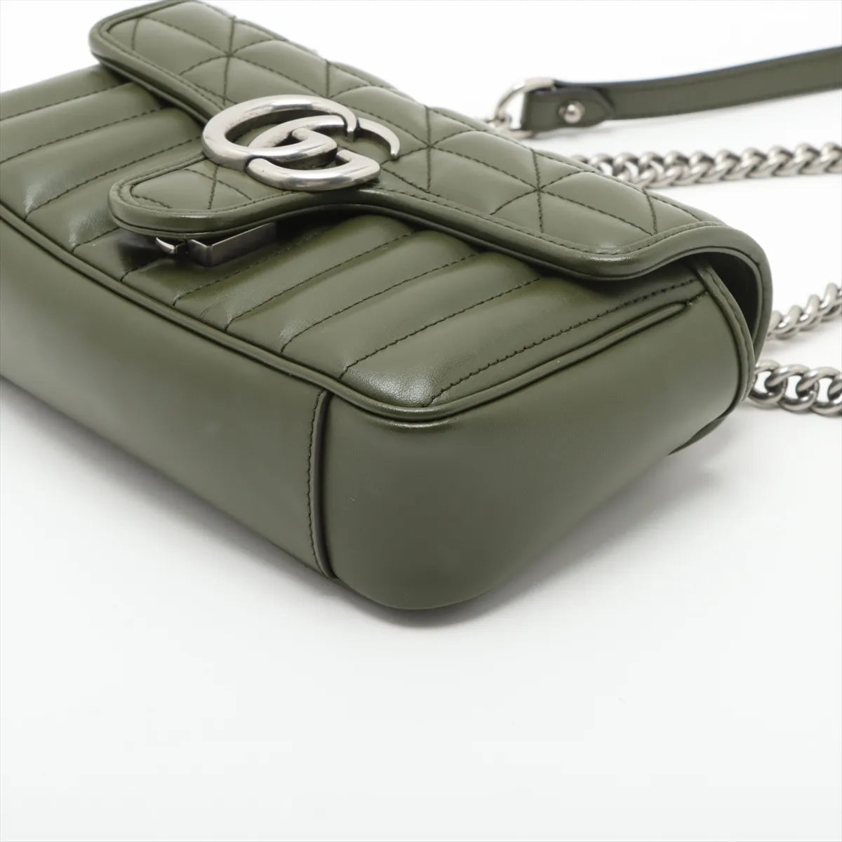 Gucci GG Logo Marmont Leather Chain Shoulder Bag Khaki