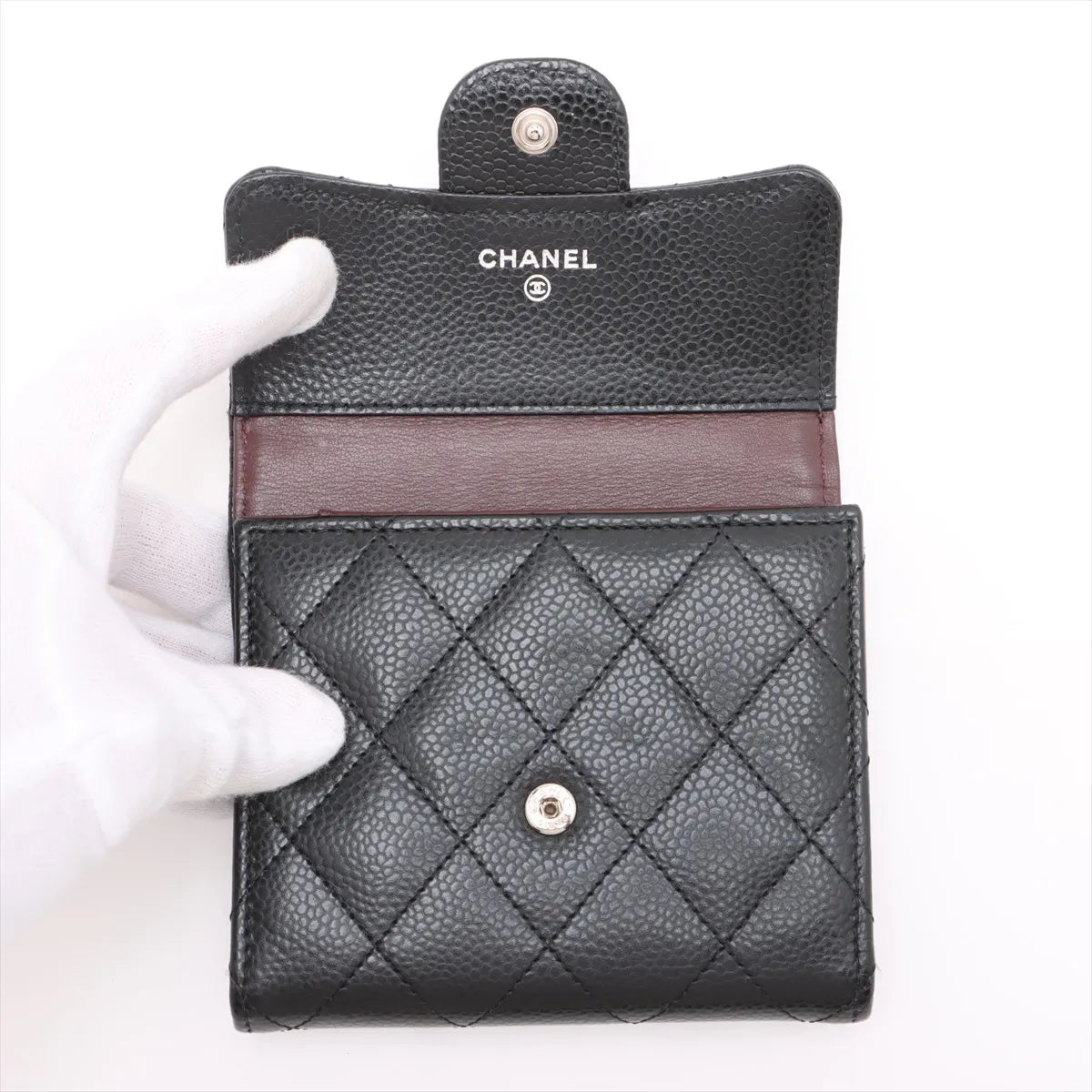 Chanel CC Logo Matelasse Caviar Skin Compact Wallet Black