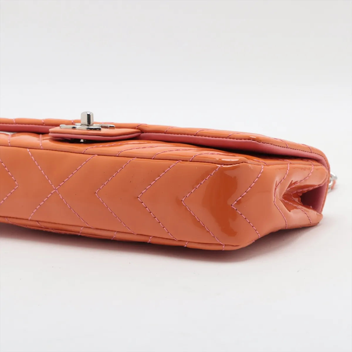 Chanel CC Logo Chevron Patent Leather Single Flap Double Chain Bag Salmon x Pink