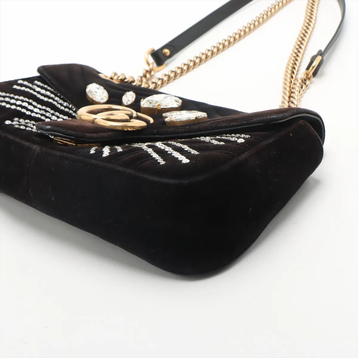 Gucci GG Marmont Crystals Velour x Bijou Chain Shoulder Bag Black