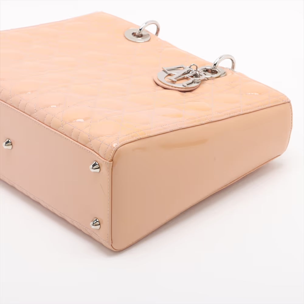 Christian Dior Lady Dior Cannage Patent Leather Two-Way Handbag Beige x Pink