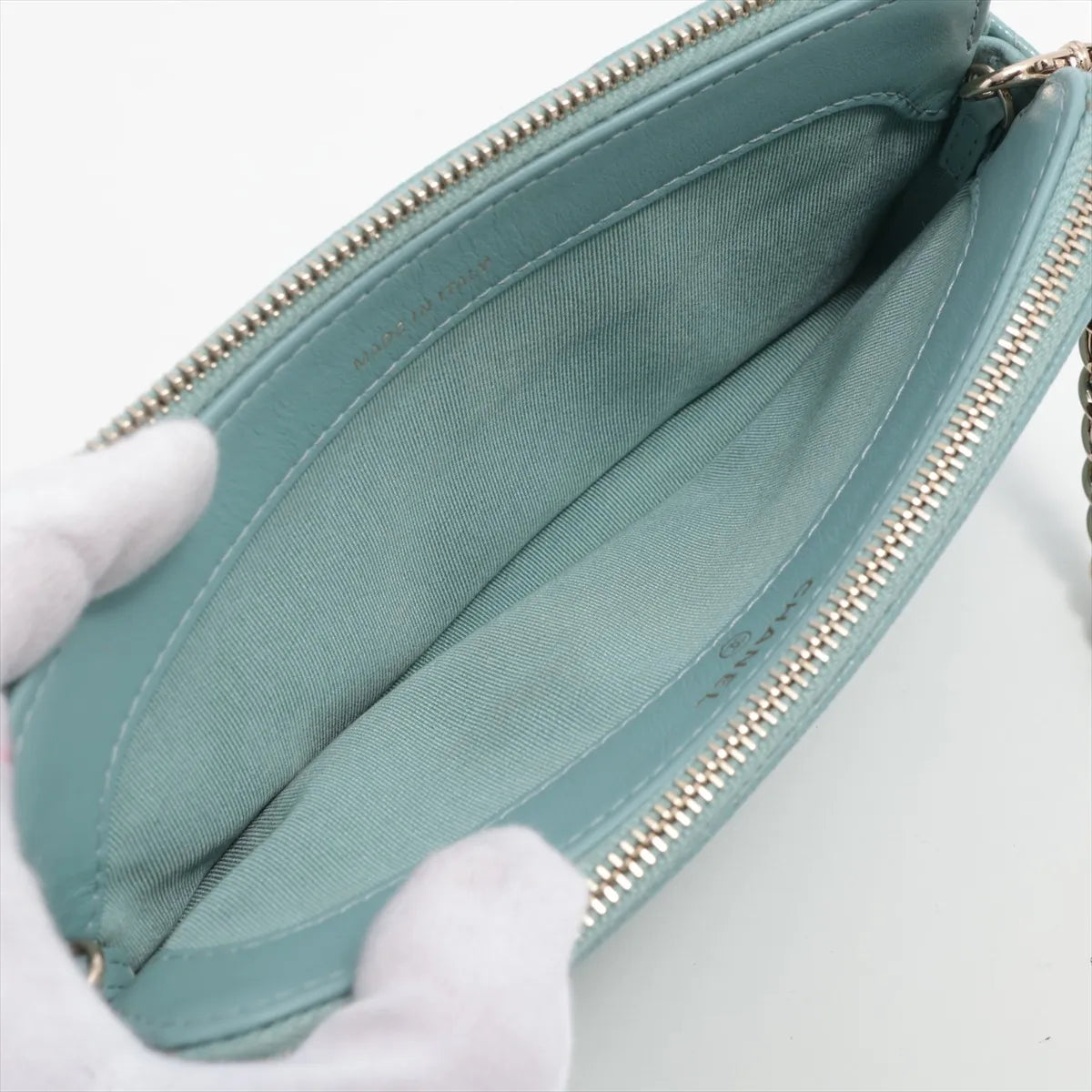 Chanel CC Logo Matelasse Caviar Skin Wallet on Chain Light Blue
