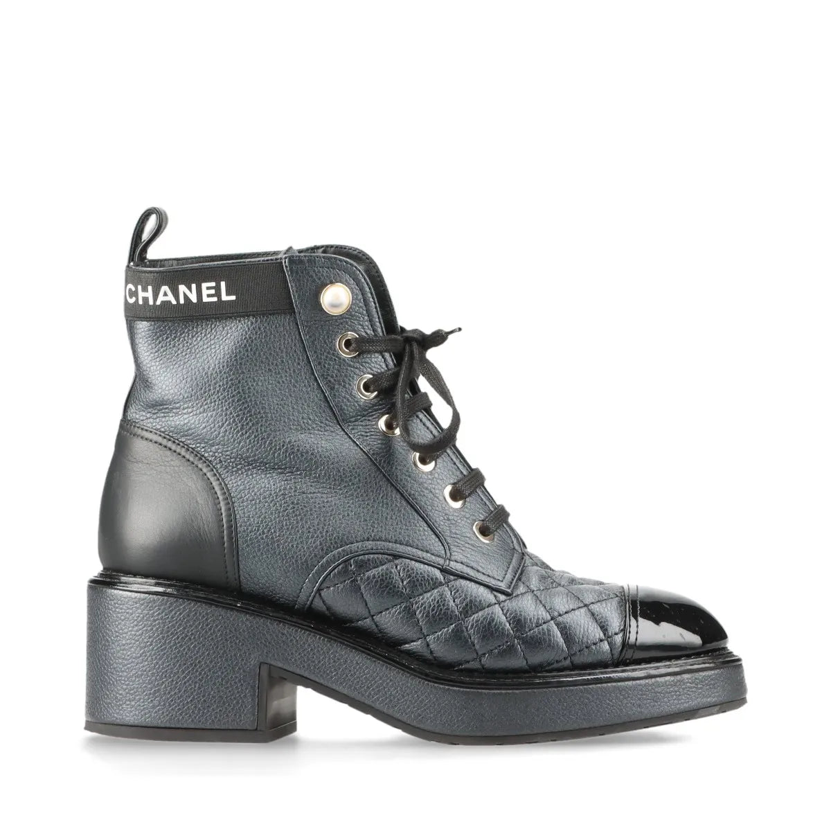 Chanel Logo Matelasse Leather Short Ladies Boots Black