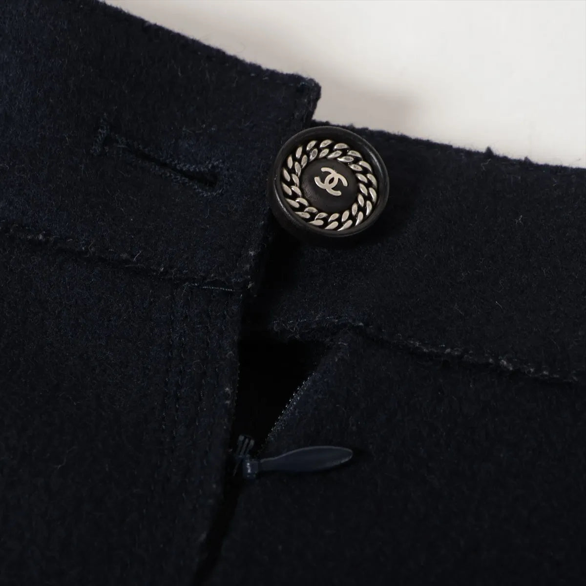 Chanel CC Logo Button Wool Skirt Navy Blue