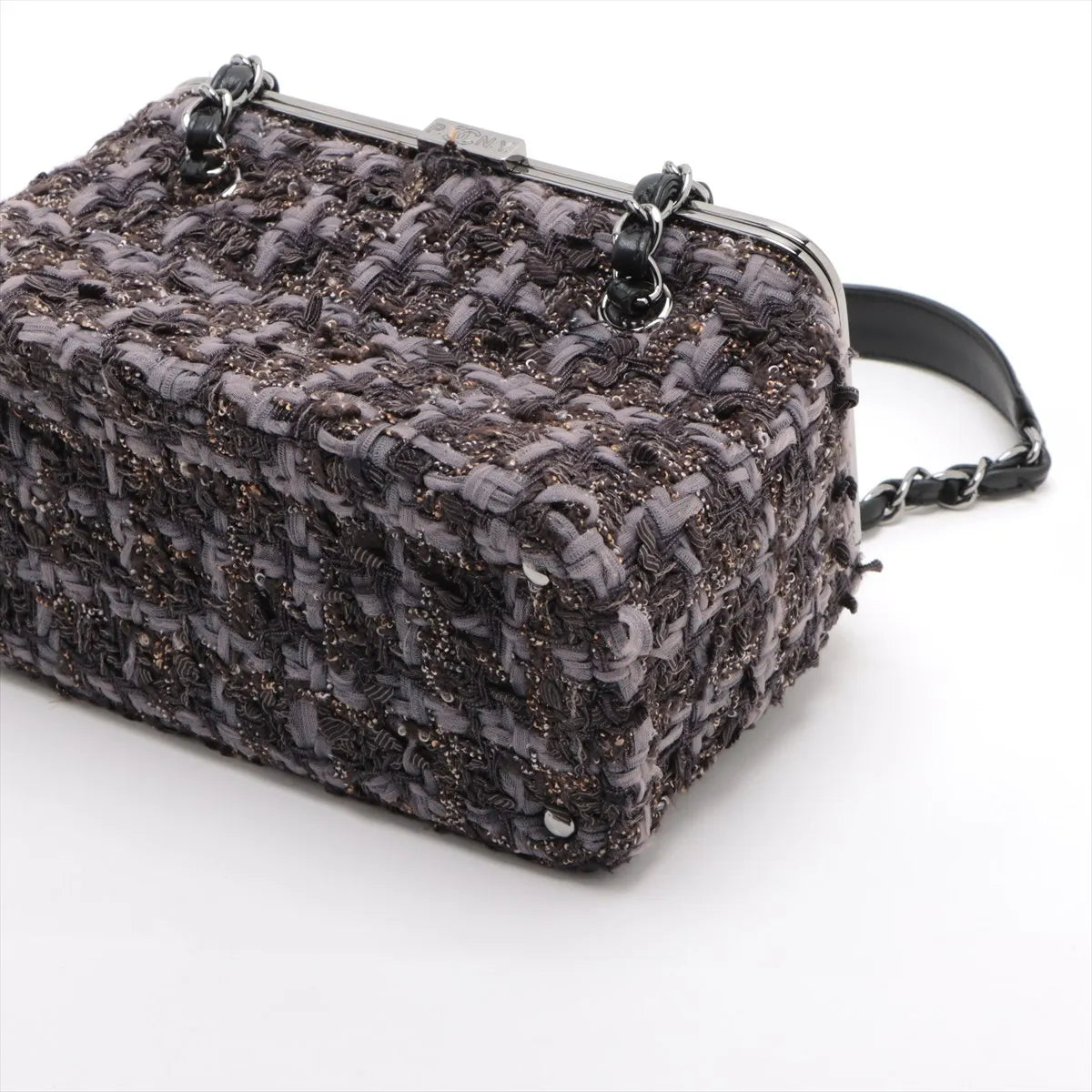 Chanel Paris New York Line Tweed Vanity Chain Handbag Gray X Black