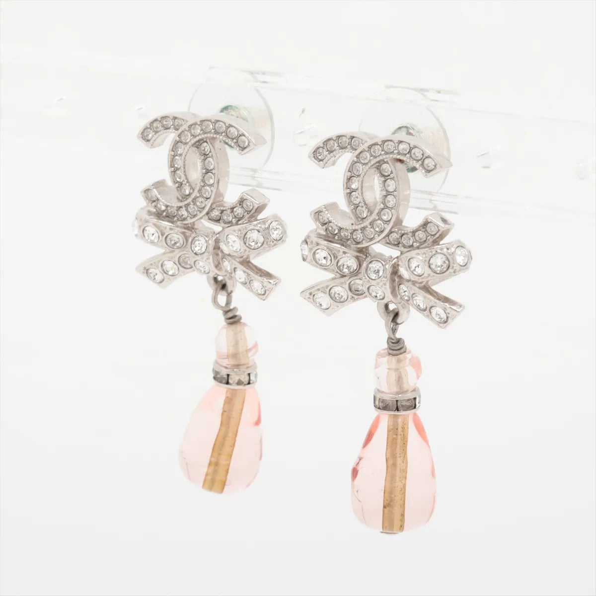Chanel CC Logo Ribbon Rhinestone Stud Drop Earring