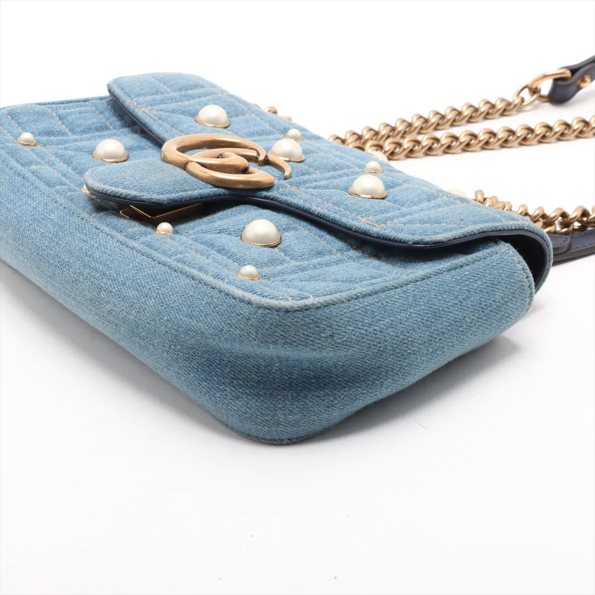 Gucci GG Marmont Pearl Stud Denim Chain Shoulder Bag Blue
