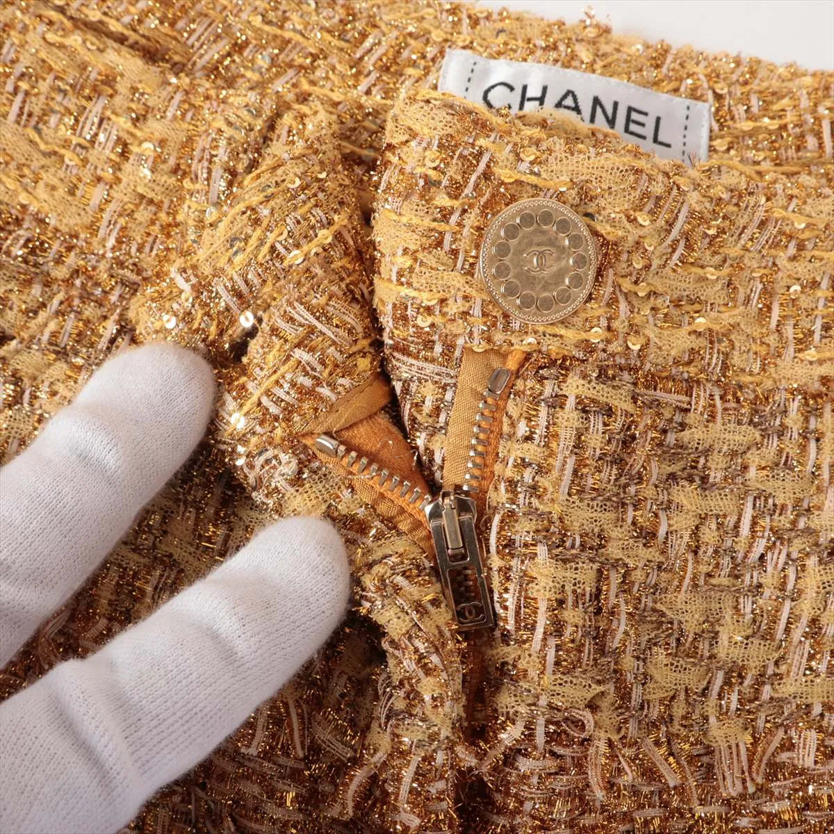 Chanel CC Logo Button Shimmer Polyester Pants Gold